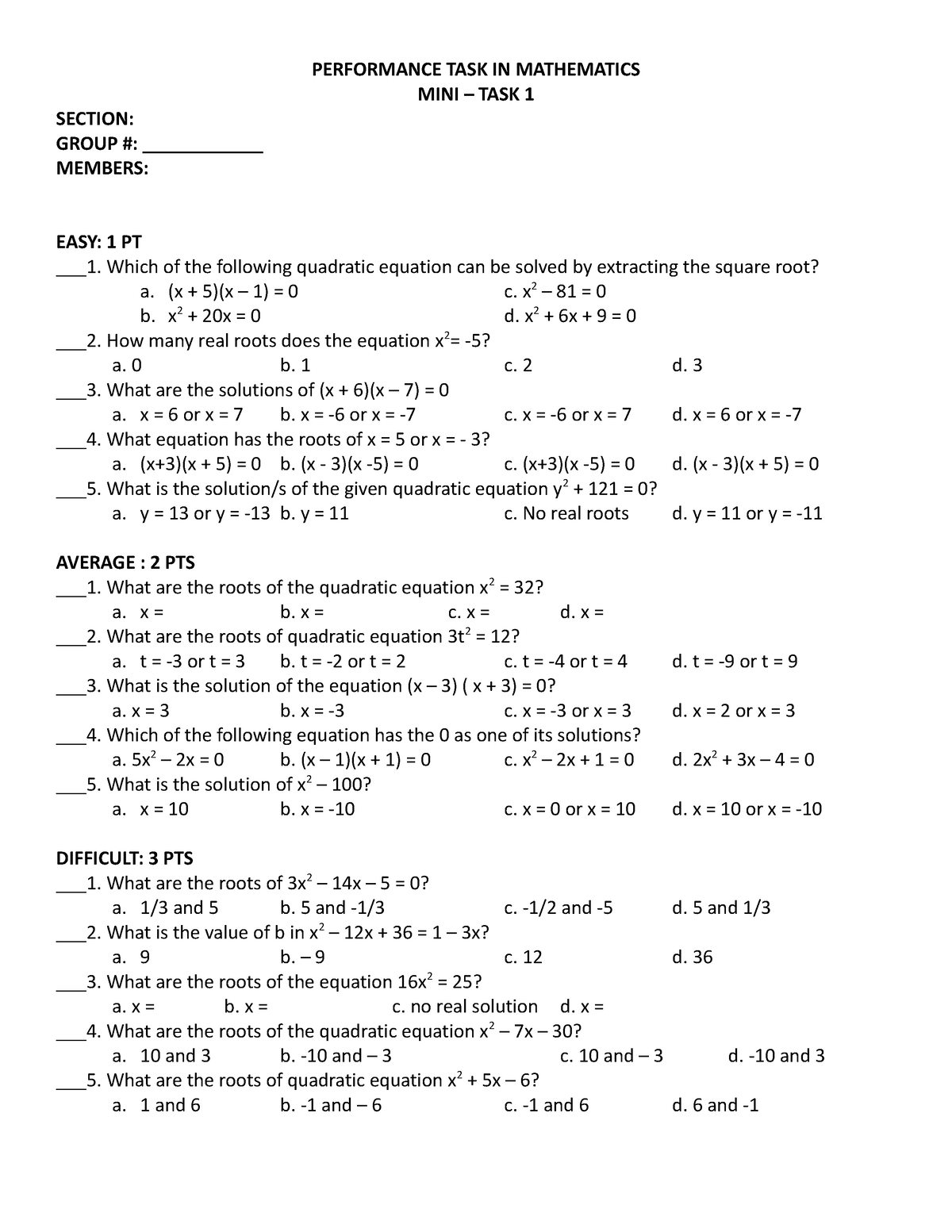 Mini Task 1 - Mini_task - PERFORMANCE TASK IN MATHEMATICS MINI – TASK 1 ...