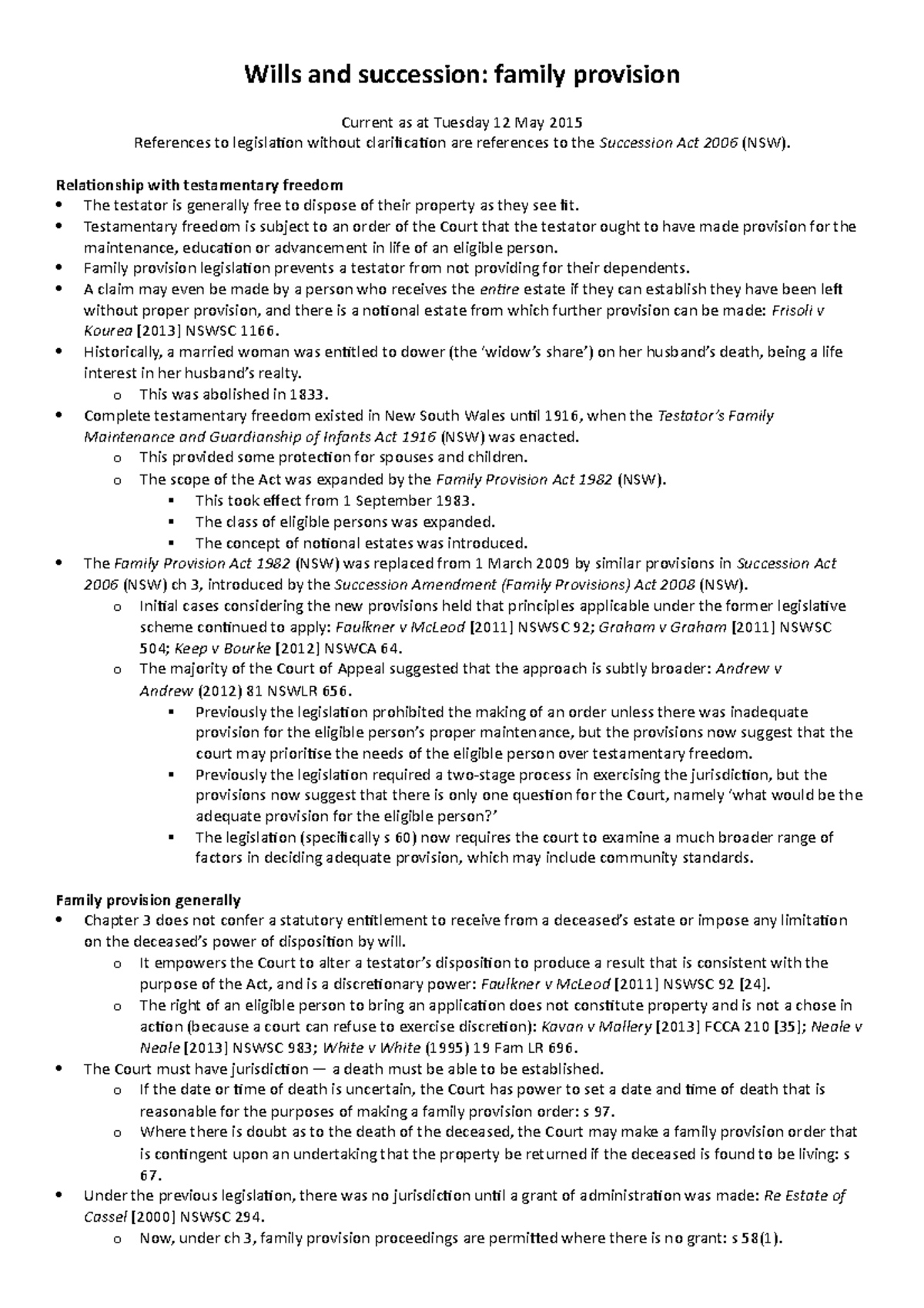 Wills and succession - Family Provision - Wills and succession: family ...