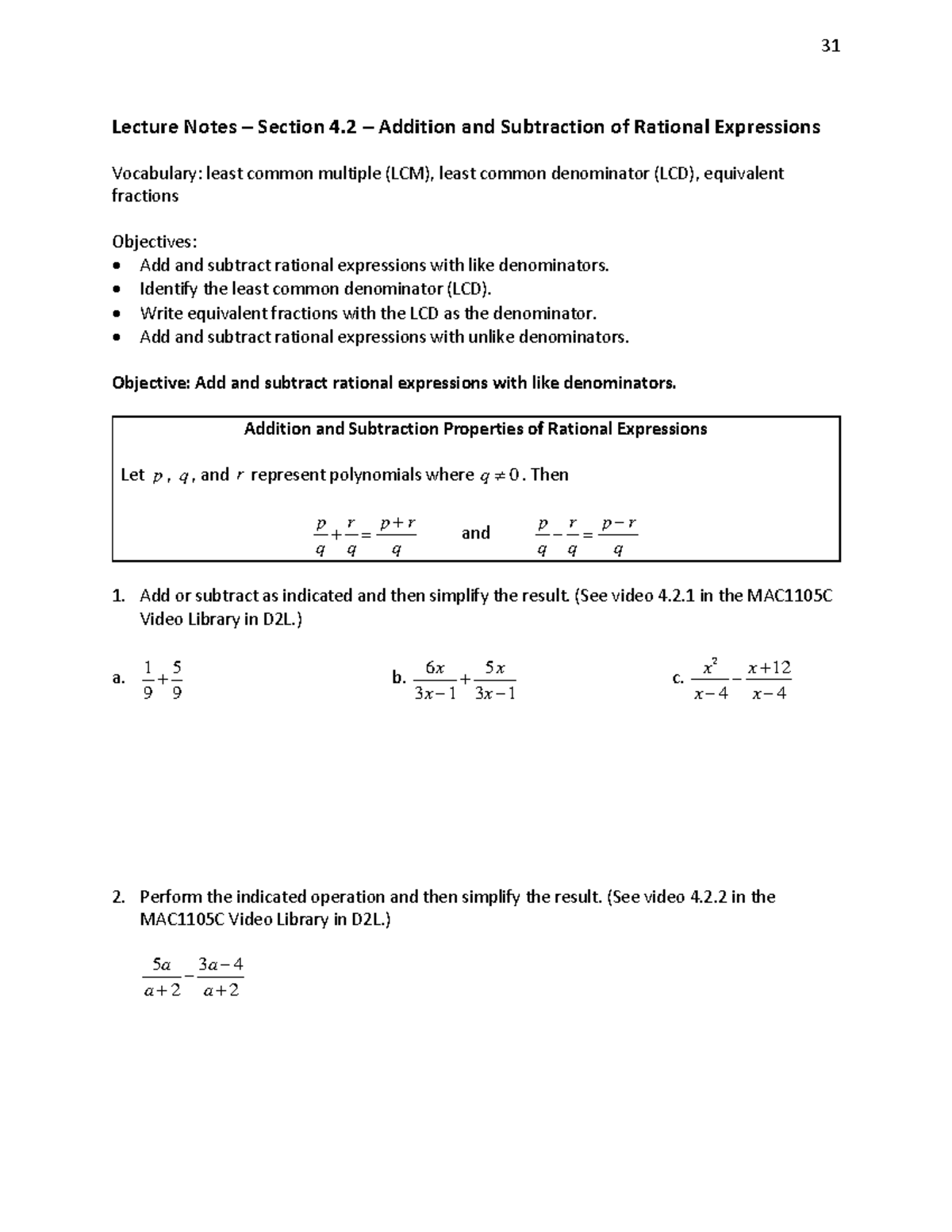 M1105c 4 2 Ln Addition And Subtraction Of Rational Expressions W Pg