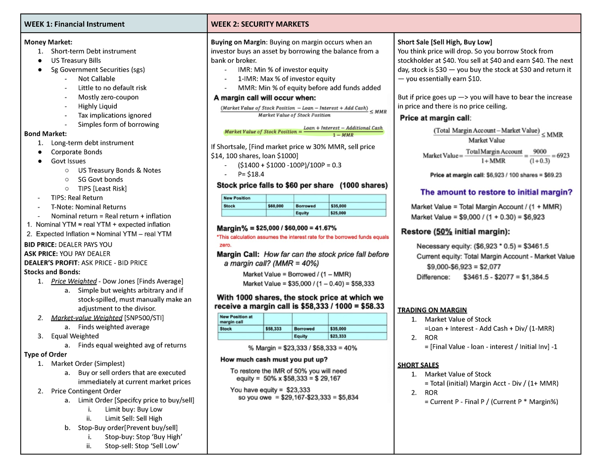 Investment Cheatsheet - WEEK 1: Financial Instrument WEEK 2: SECURITY ...