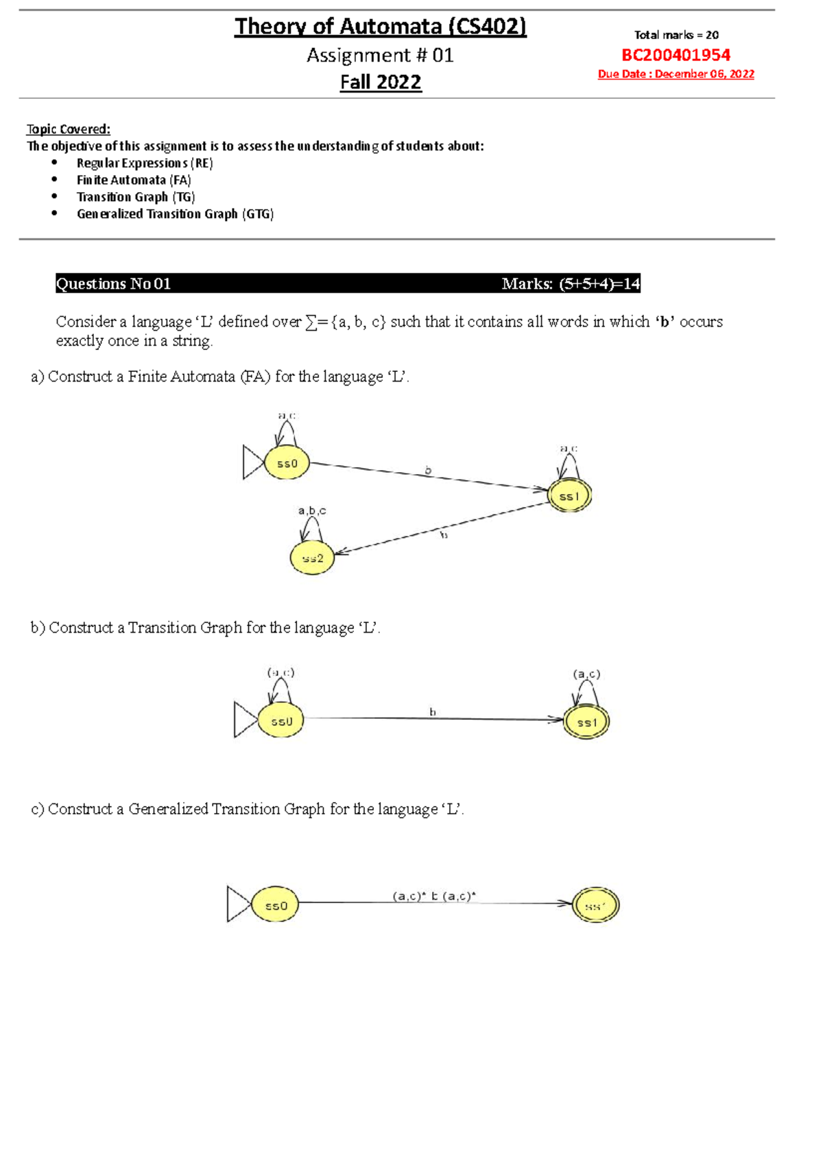 BC2004 01954 CS402 1 - Theory Of Automata (CS402) Assignment # 01 Fall ...