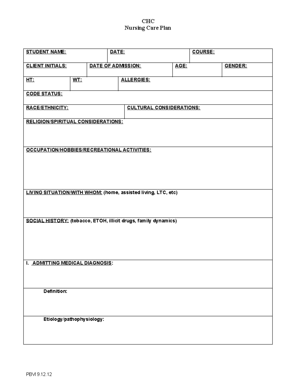 Blank care plan sample - Nursing Care Plan STUDENT NAME: DATE: COURSE ...