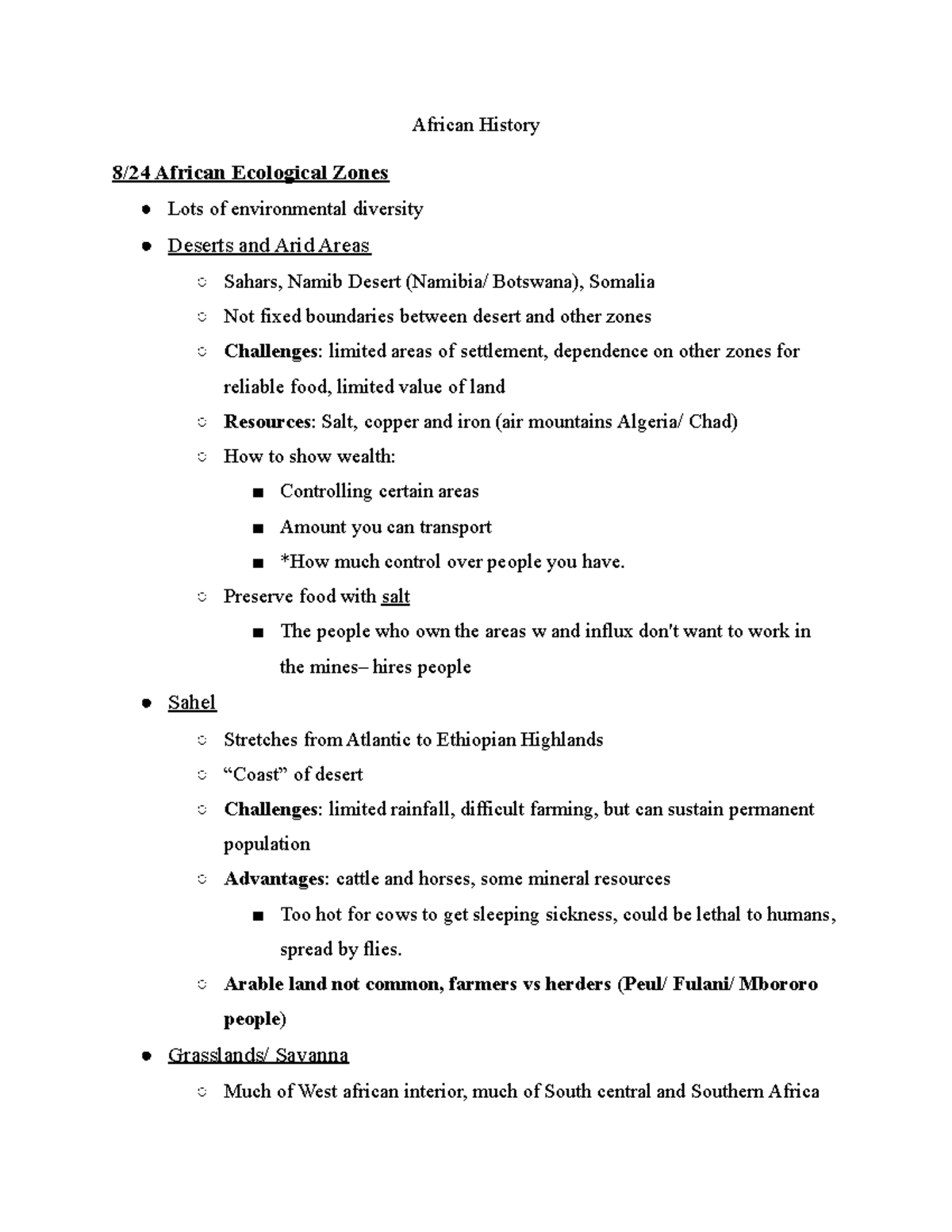 African History class notes - African History 8/24 African Ecological ...