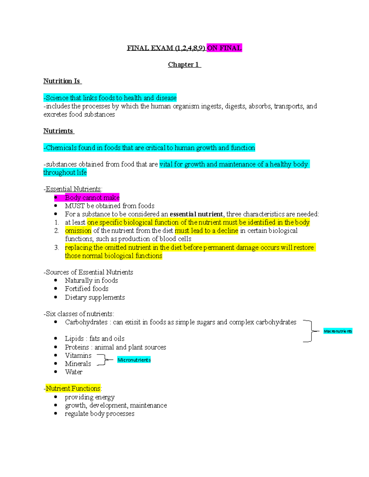 Final EXAM Review - FINAL EXAM (1,2,4,8,9) ON FINAL Chapter 1 Nutrition ...