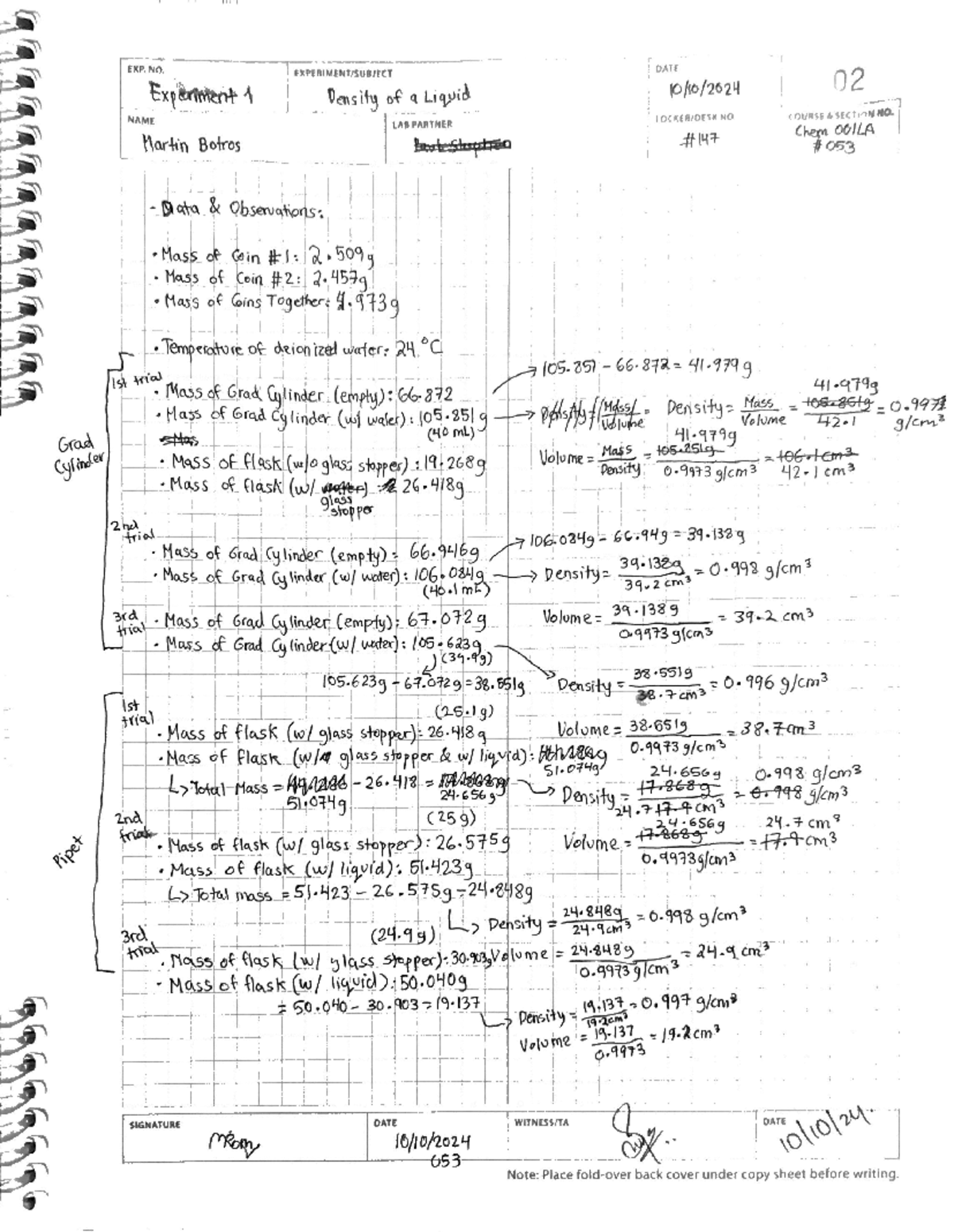 Experiment 1 EXP. NO. DATE Density of a Liquid 02 Experiment 1 NAME