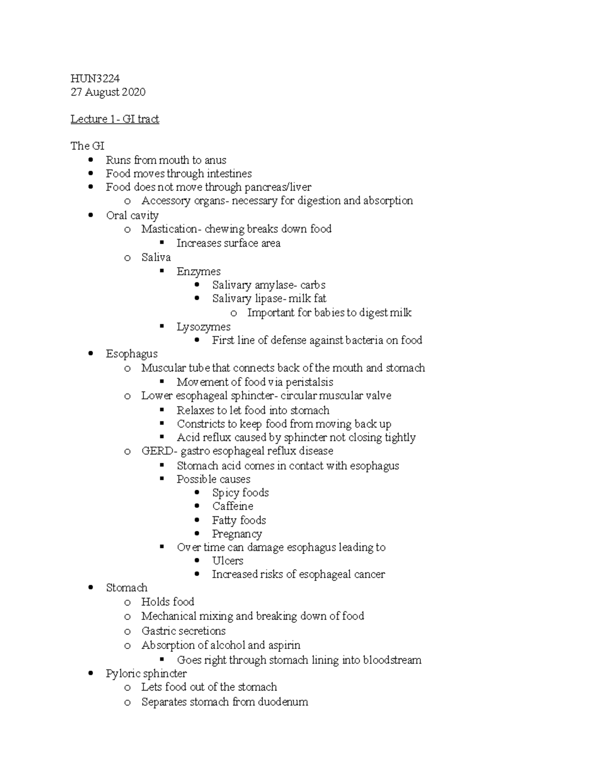 GI Tract - Lecture notes 1 - HUN 27 August 2020 Lecture 1- GI tract The ...