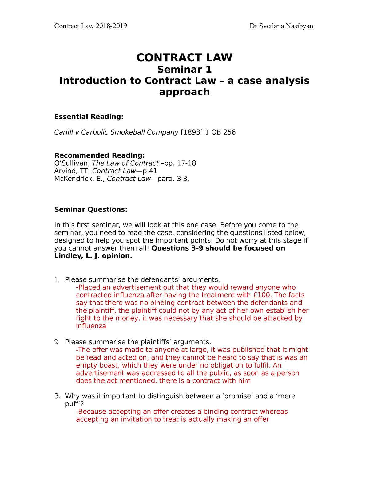 Contract Law Seminar 1 Studocu