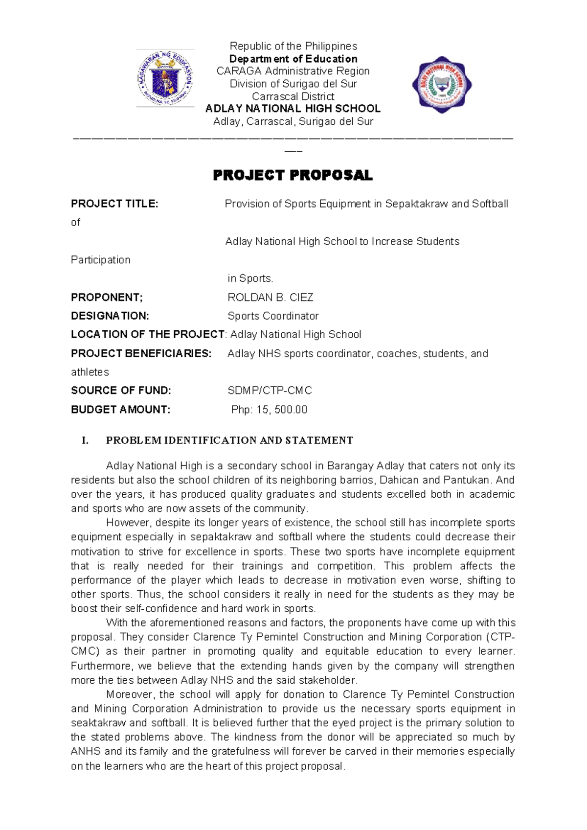 Project proposal final - Republic of the Philippines Department of ...