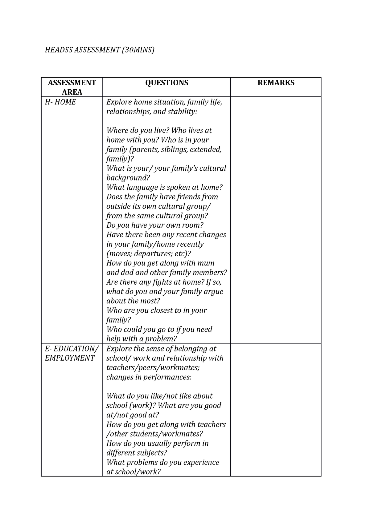 Headss Assessment (30MINS) HEADSS ASSESSMENT (30MINS) ASSESSMENT AREA