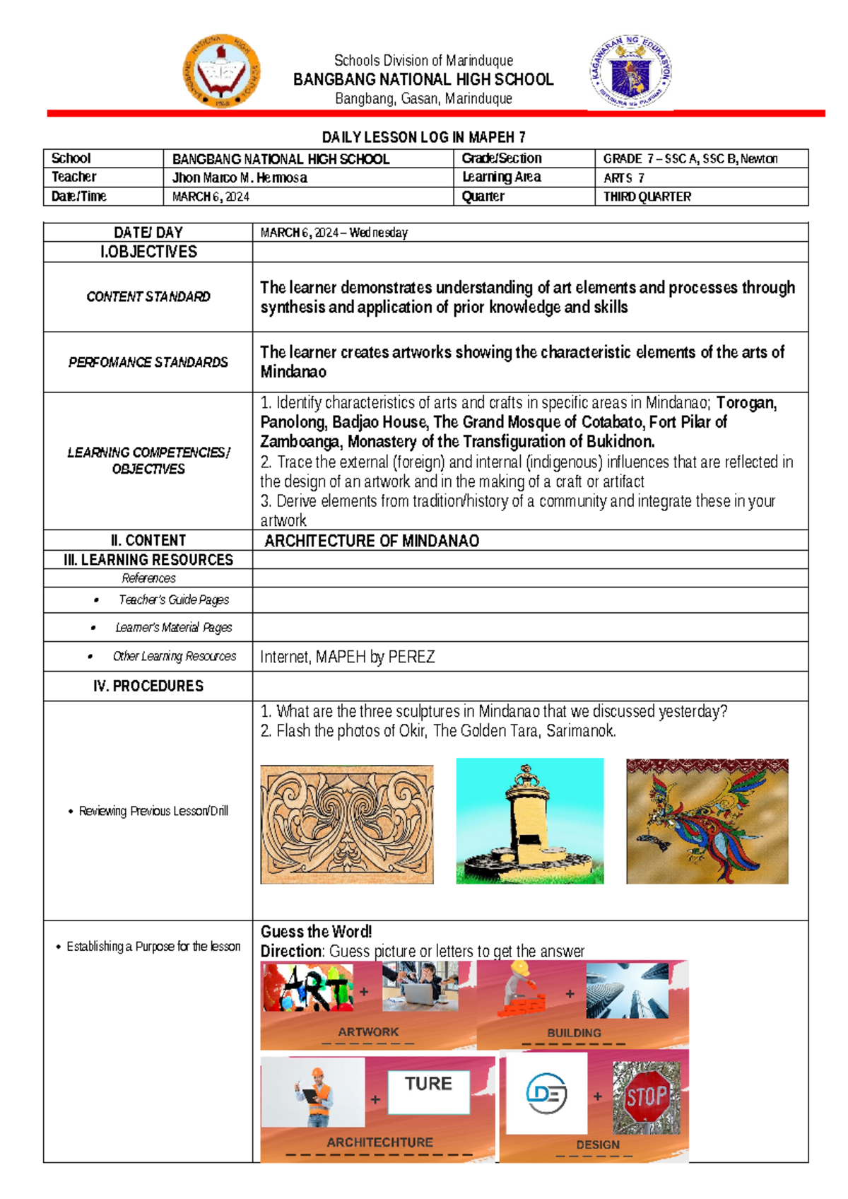 DLL Mindanao Arts and Crafts Schools Division of Marinduque BANGBANG