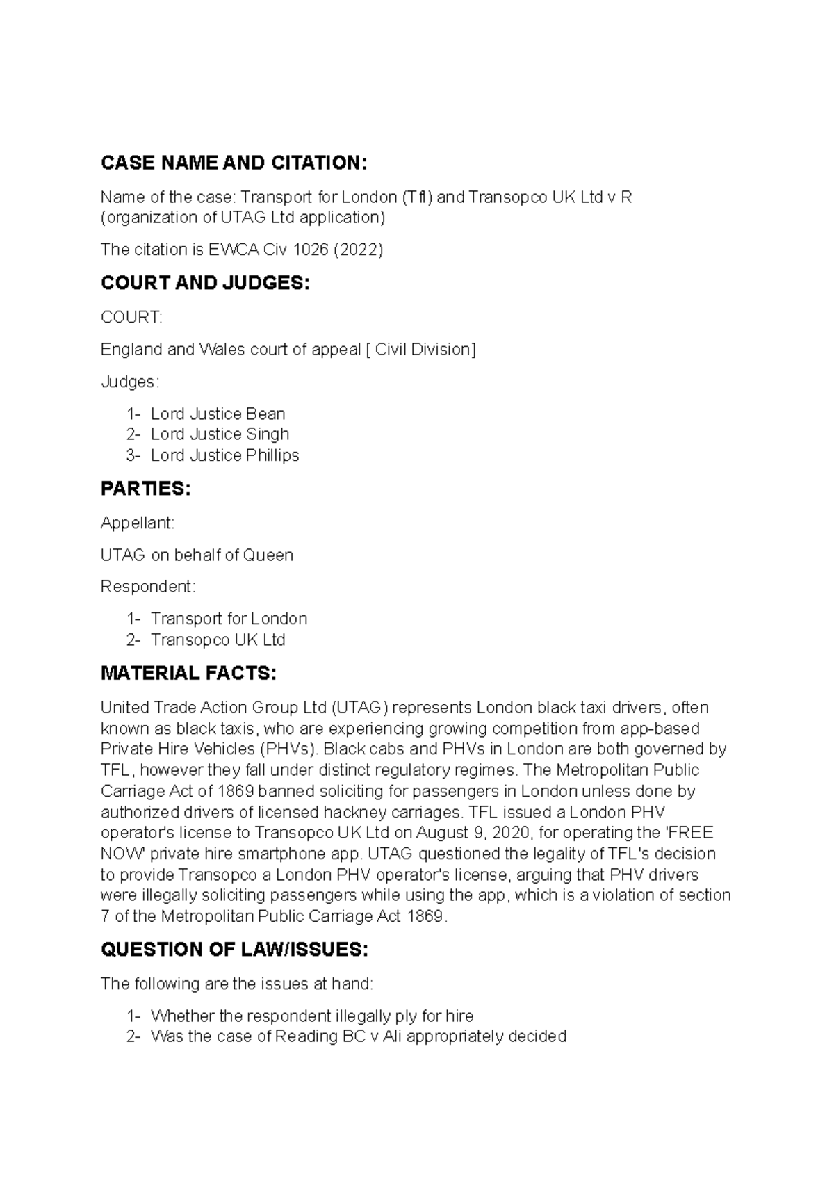 CASE NOTE - Case note - CASE NAME AND CITATION: Name of the case ...