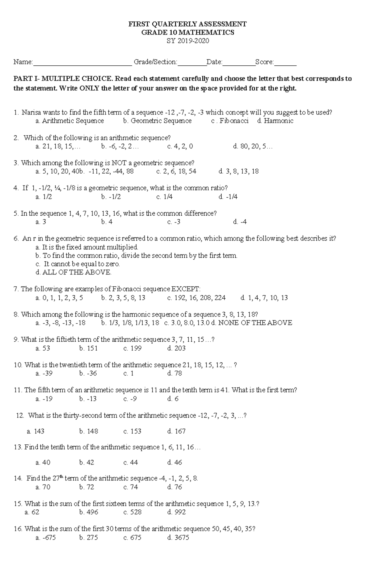 1st Periodic Test Math 10 FIRST QUARTERLY ASSESSMENT GRADE 10