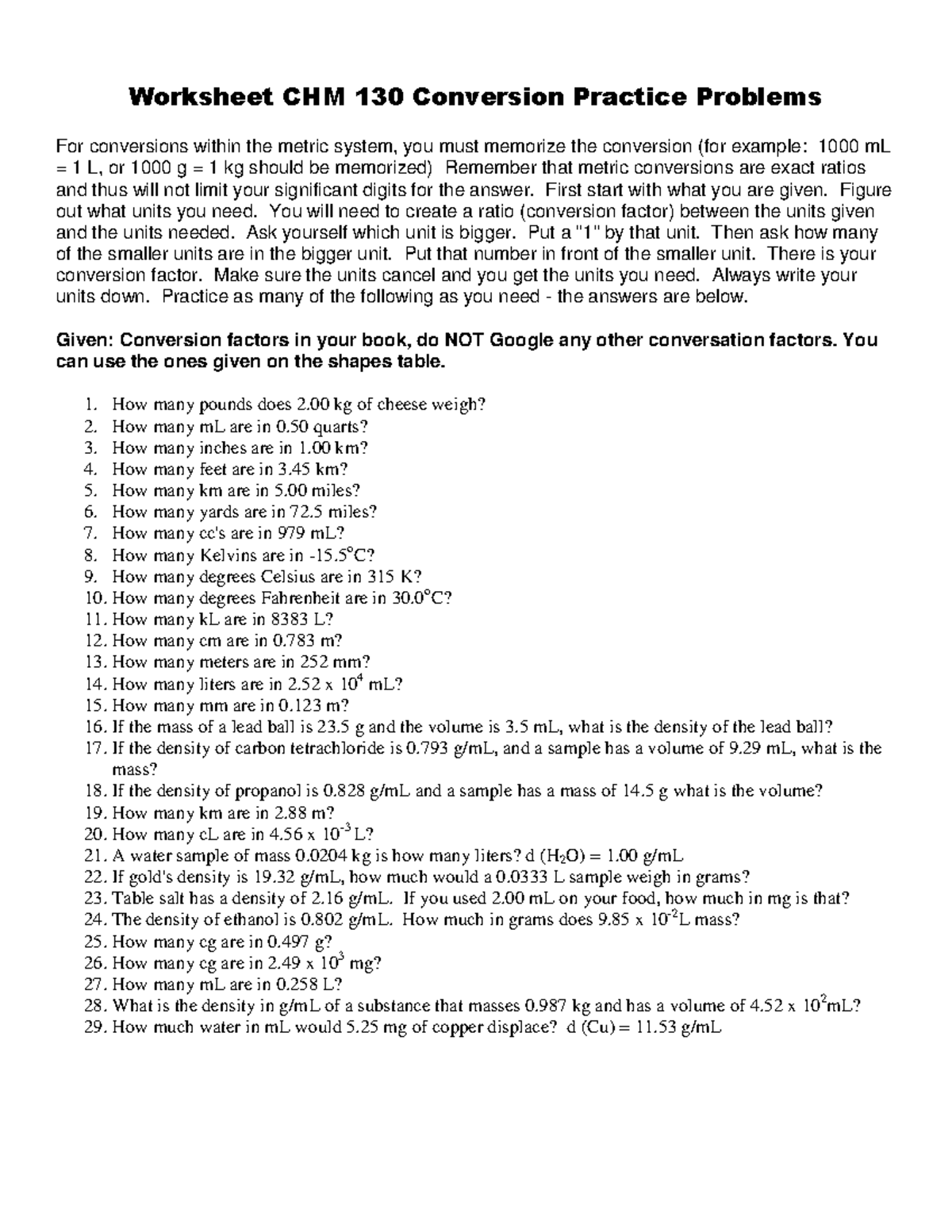 CHEM UNIT Conversion Practice Problems Worksheet CHM 130 Conversion