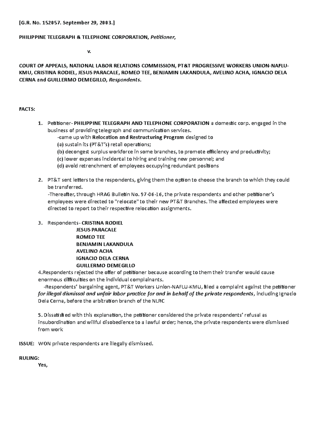PT&T - Lecture notes - [G. No. 152057. September 29, 2003.] PHILIPPINE ...