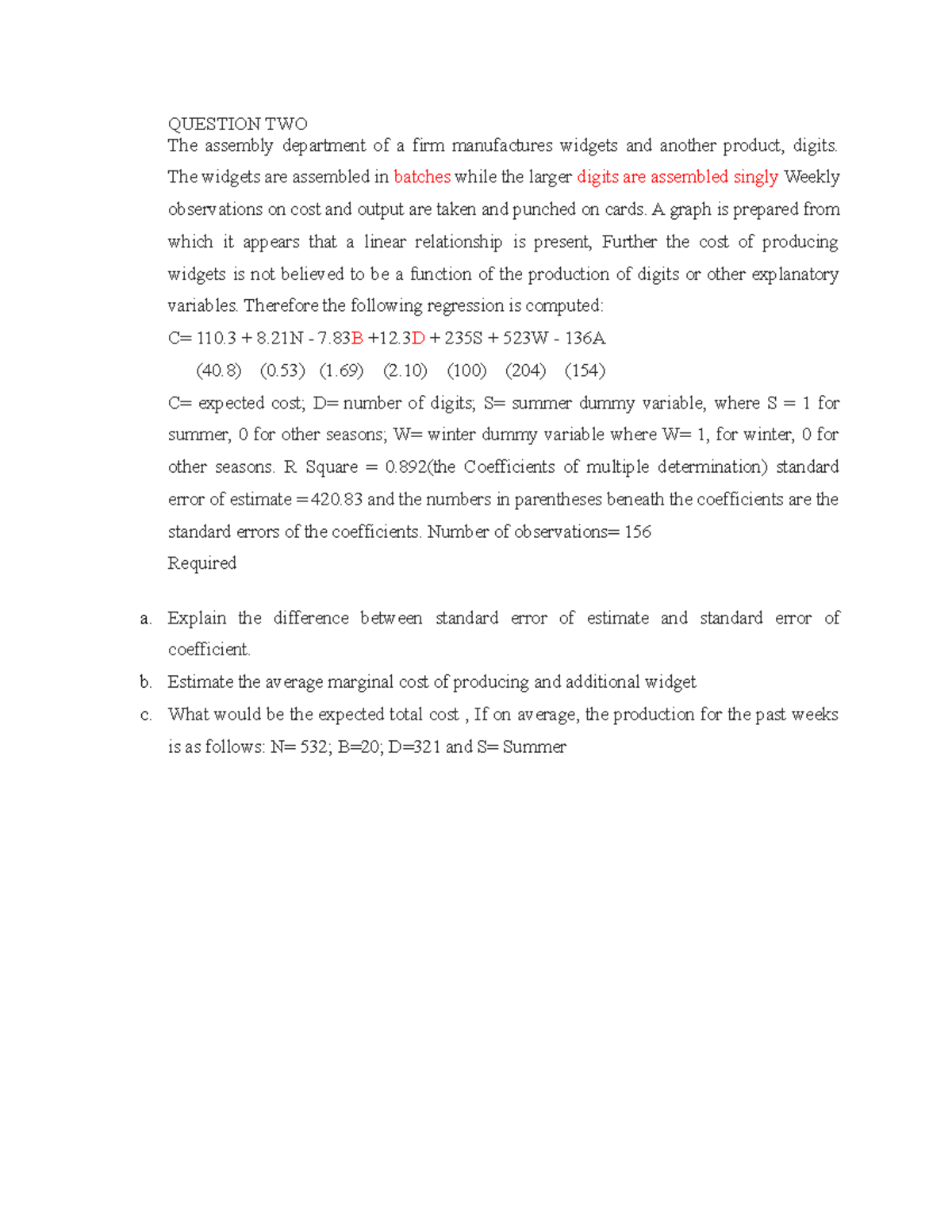 Reg Question - QUESTION TWO The assembly department of a firm ...