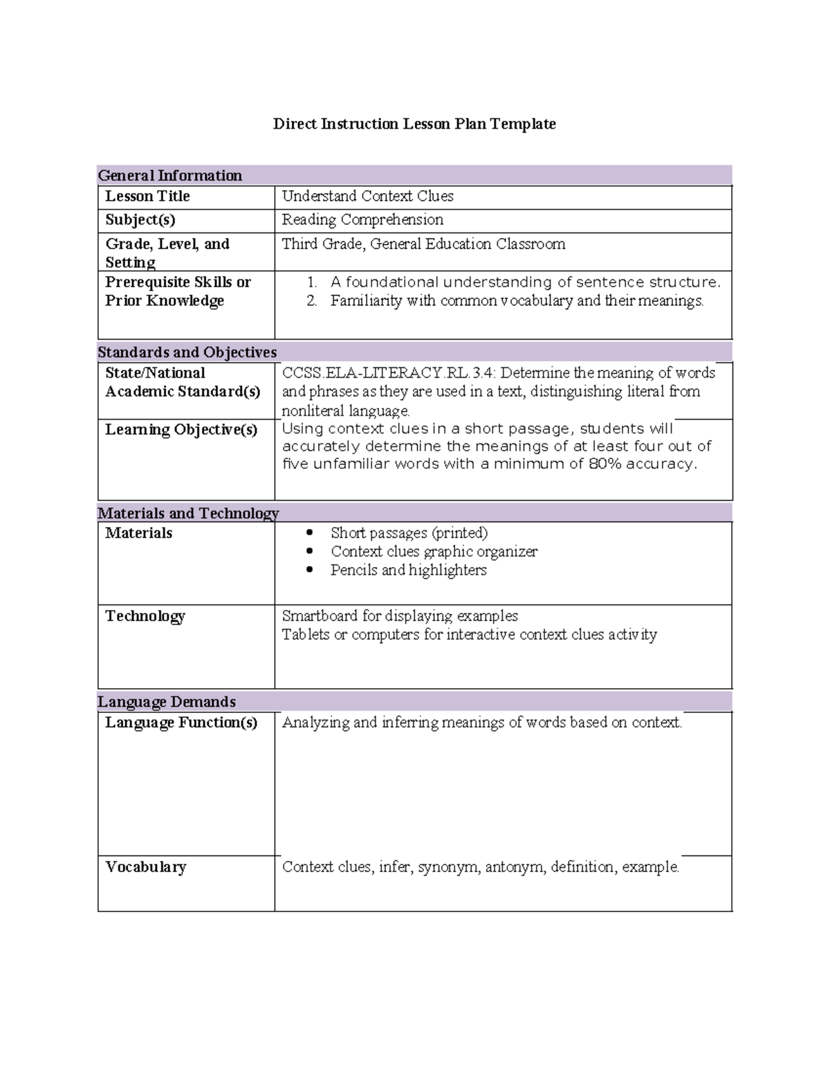 C909 Task 1 - task 1 - Direct Instruction Lesson Plan Template General ...