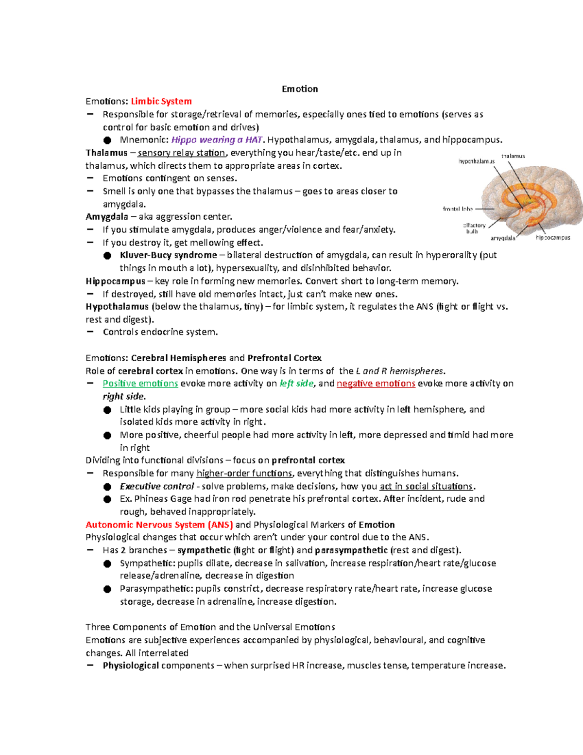 Emotion and stress notes - Emotion Emotions: Limbic System − ...