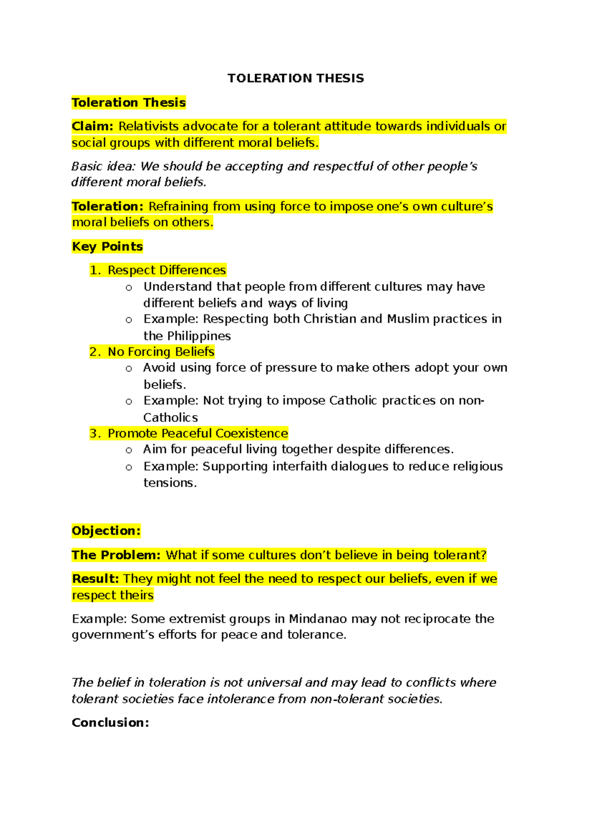 Toleration Thesis - Outline - TOLERATION THESIS Toleration Thesis Claim ...