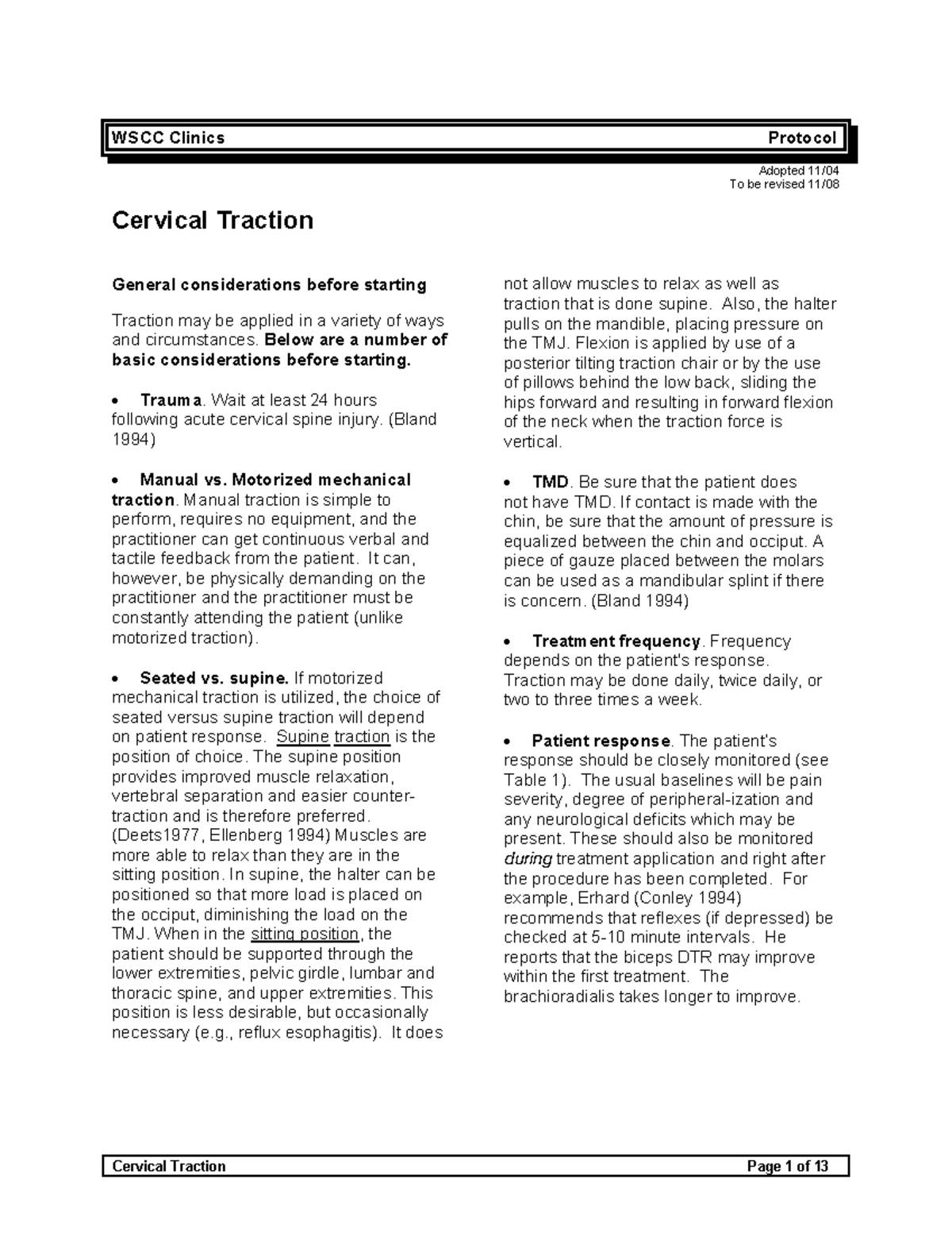 Cervical Traction WSCC Clinics Protocol Adopted 11/04 To be revised