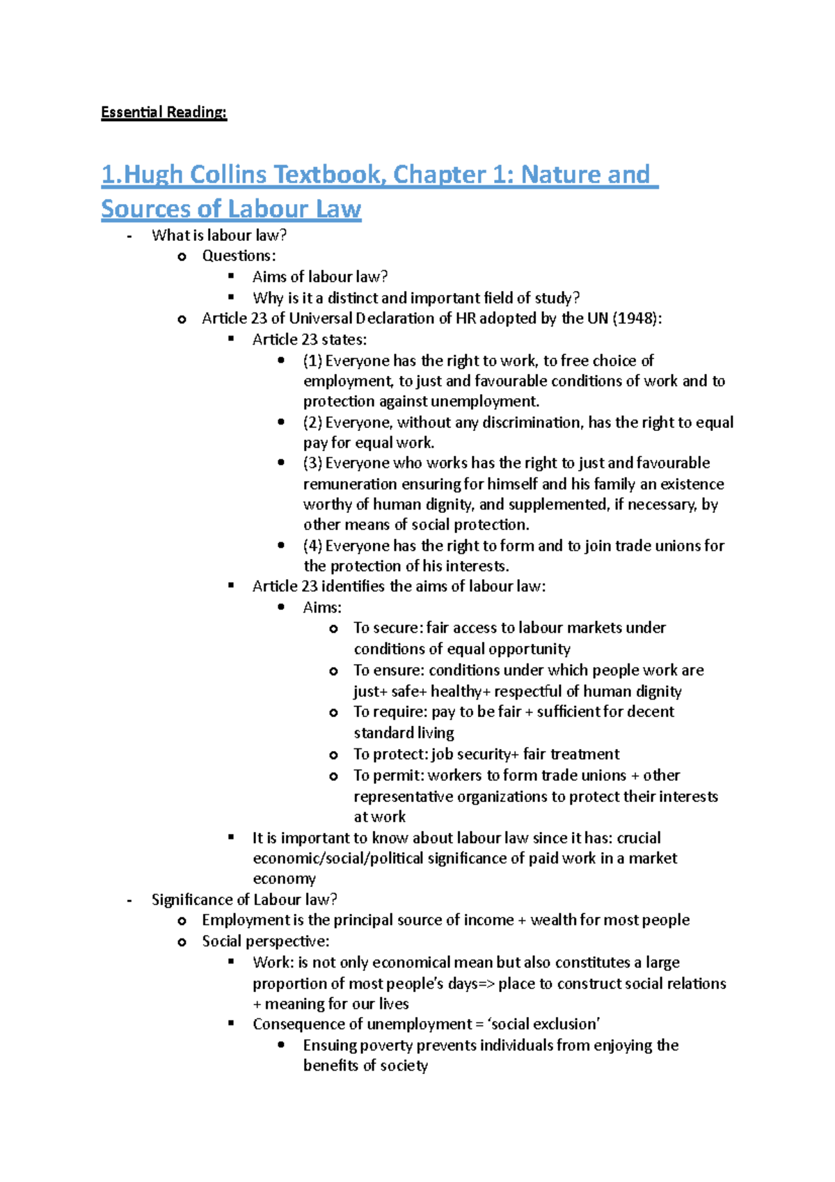 aims and sources of employment law - Essenial Reading: 1 Collins ...