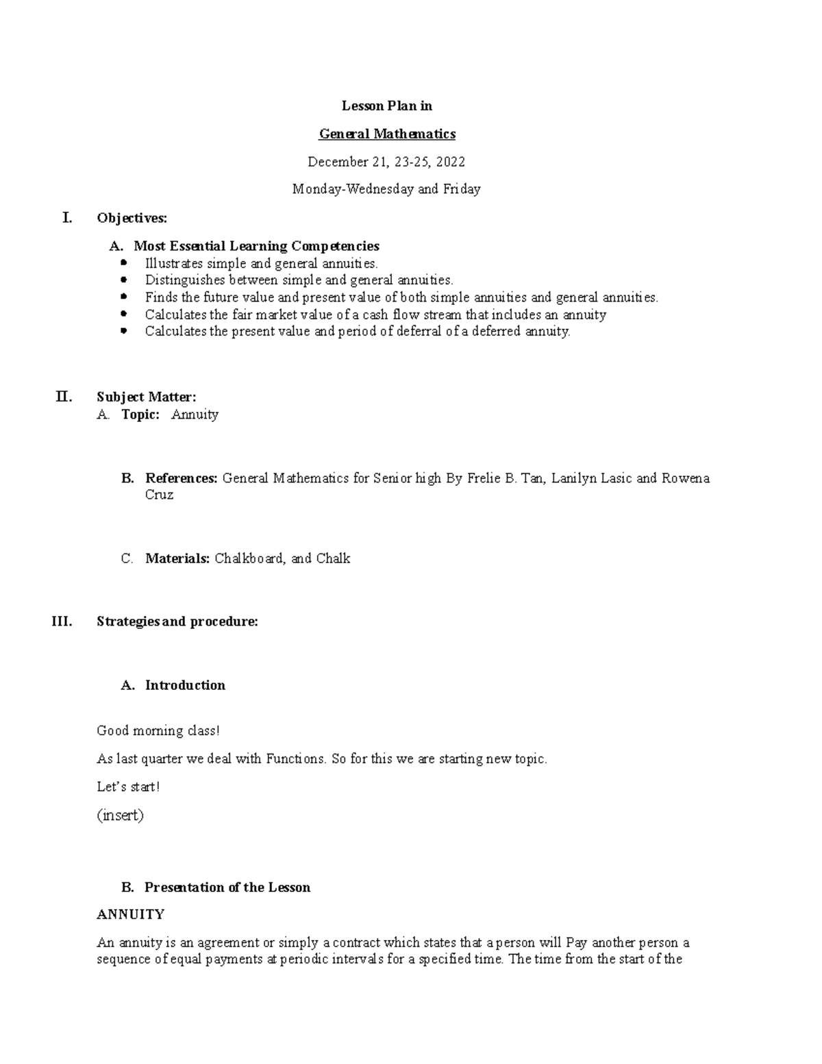 Lesson Plan Format - Lesson Plan in General Mathematics December 21, 23 ...