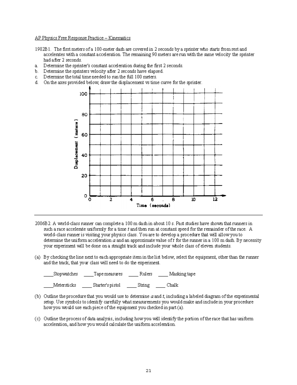 Worksheet Physics 1 #2 - AP Physics Free Response Practice – Kinematics ...