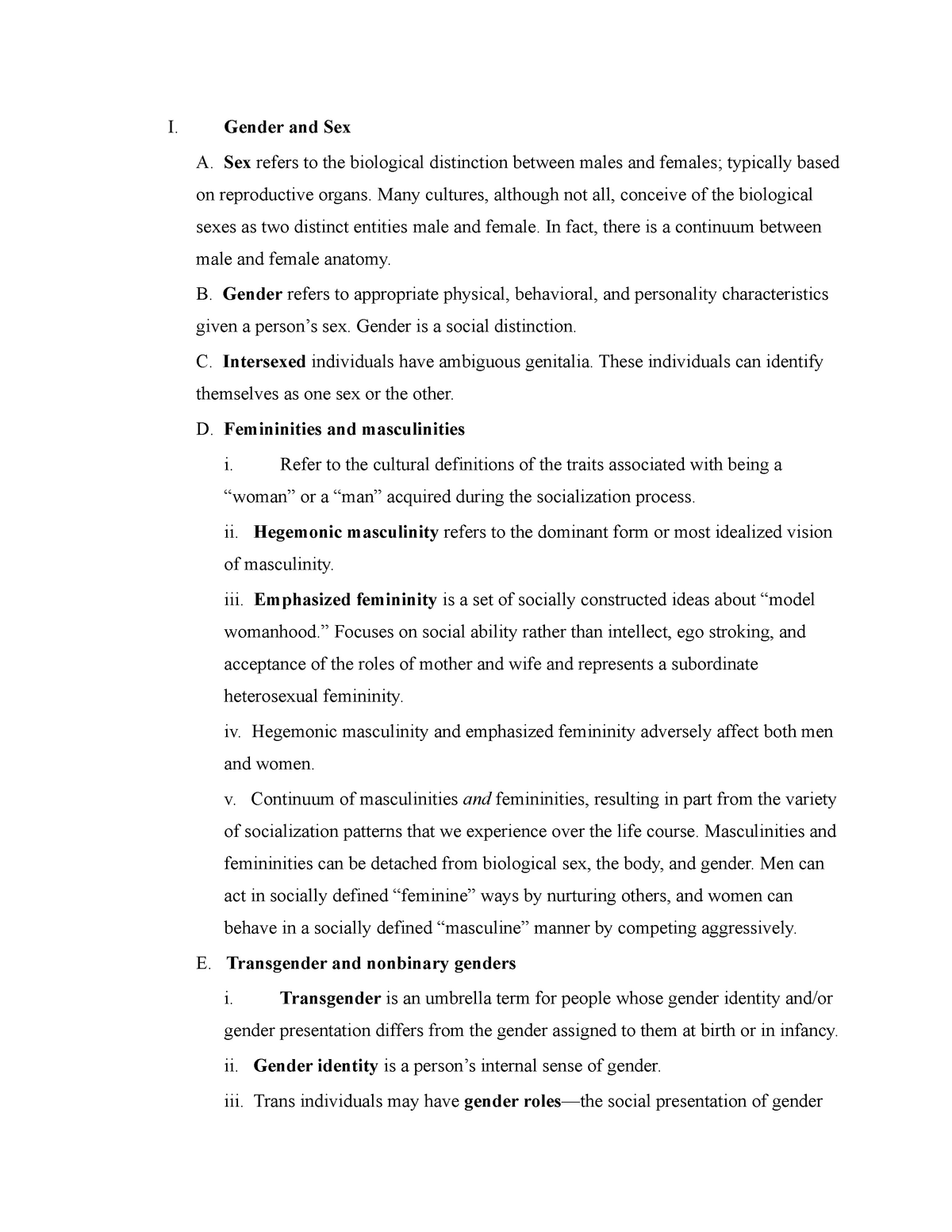 Chapter 11 Lecture Notes I Gender And Sex A Sex Refers To The Biological Distinction Between 6993