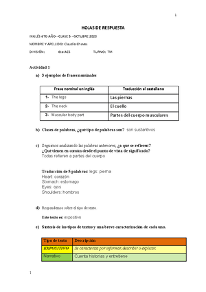 Ingles 6to Ano Clase 5 Frases Nominales 1 Hojas De Respuesta Ingles 6to Ano Clase 5 Studocu