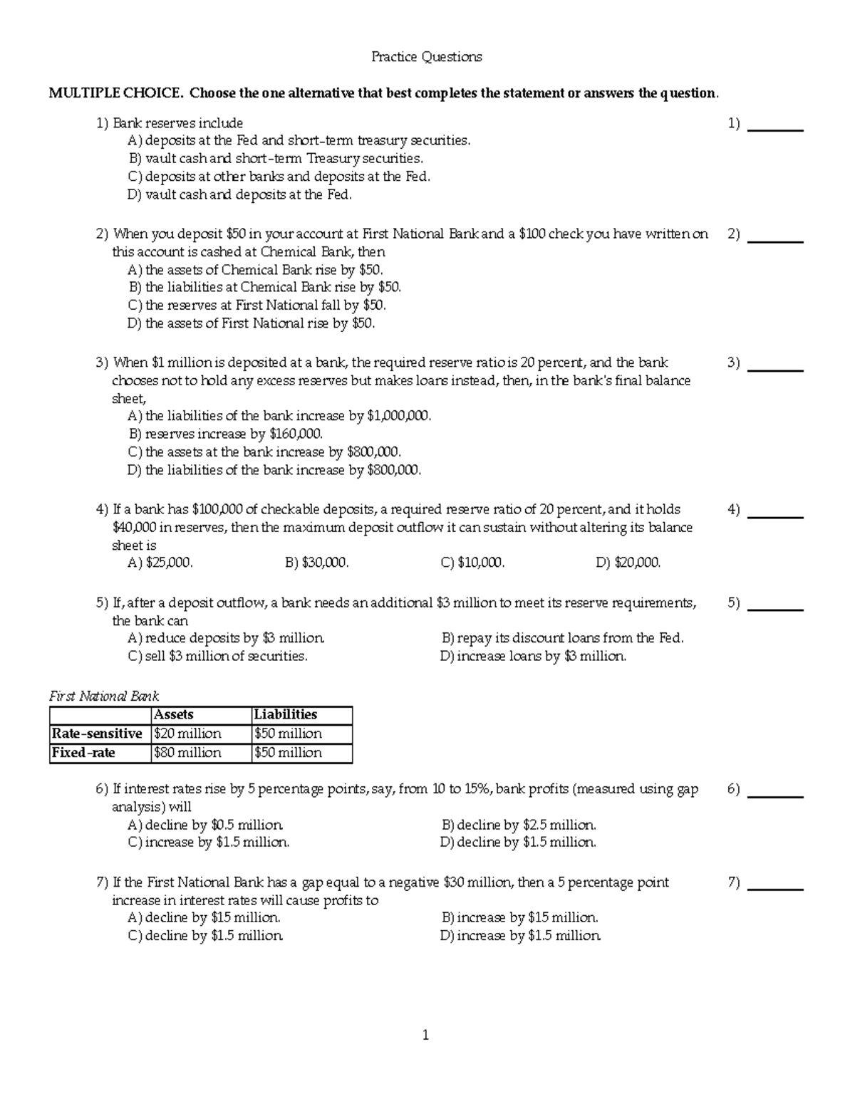 Chapter 10 Econ money and banking Practice Questions MULTIPLE CHOICE. Choose the one