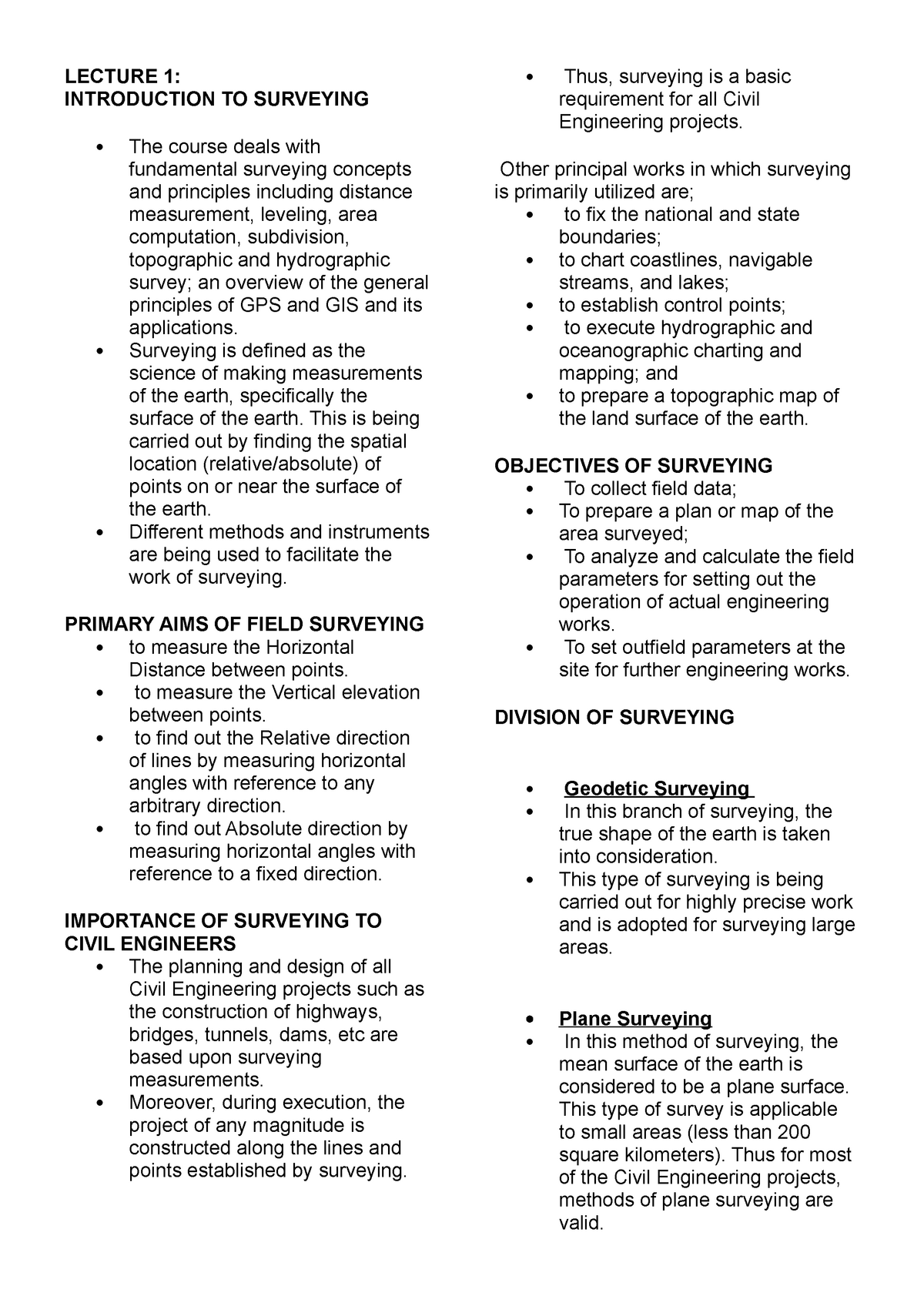 Fundamentals OF Surveying Notes - LECTURE 1: INTRODUCTION TO SURVEYING ...