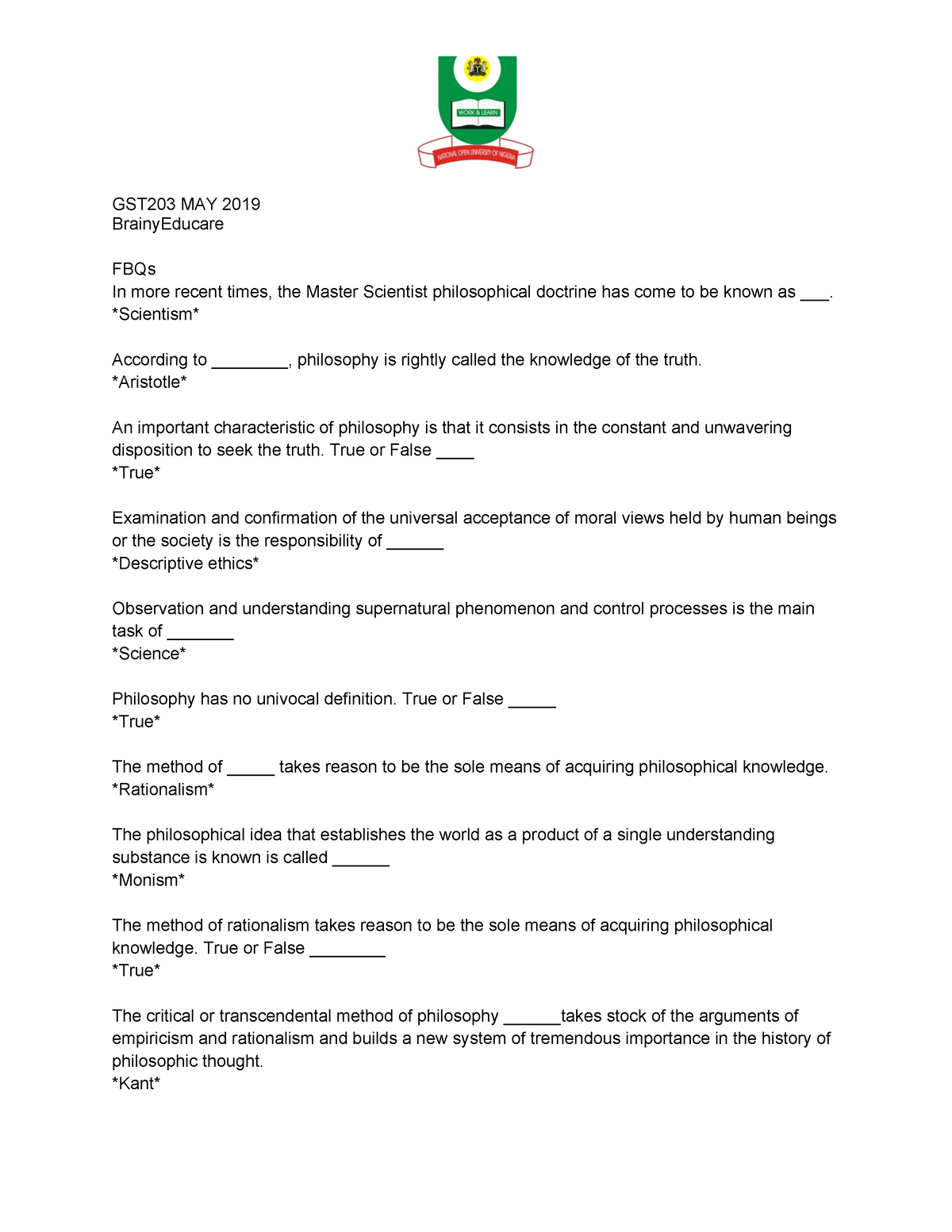 gst 203 introduction to logic and critical thinking