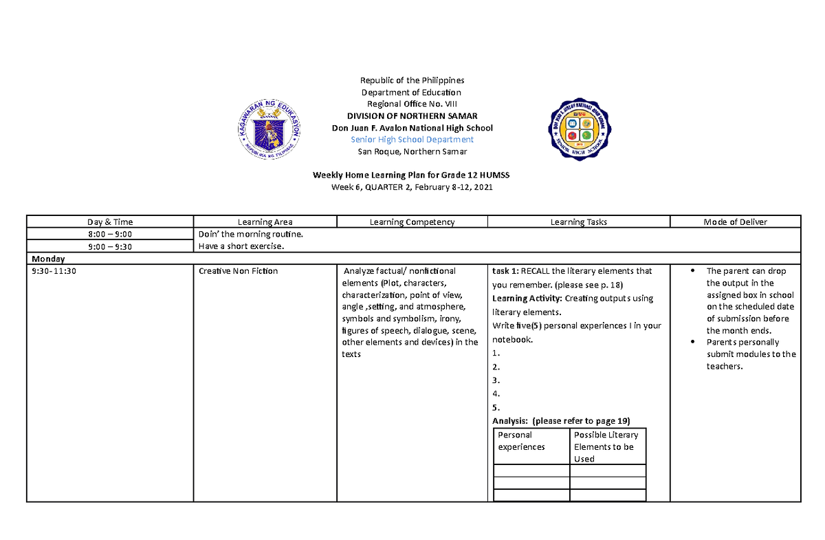 Weekly Learning Activities February 8-12, 2021 - Republic of the ...