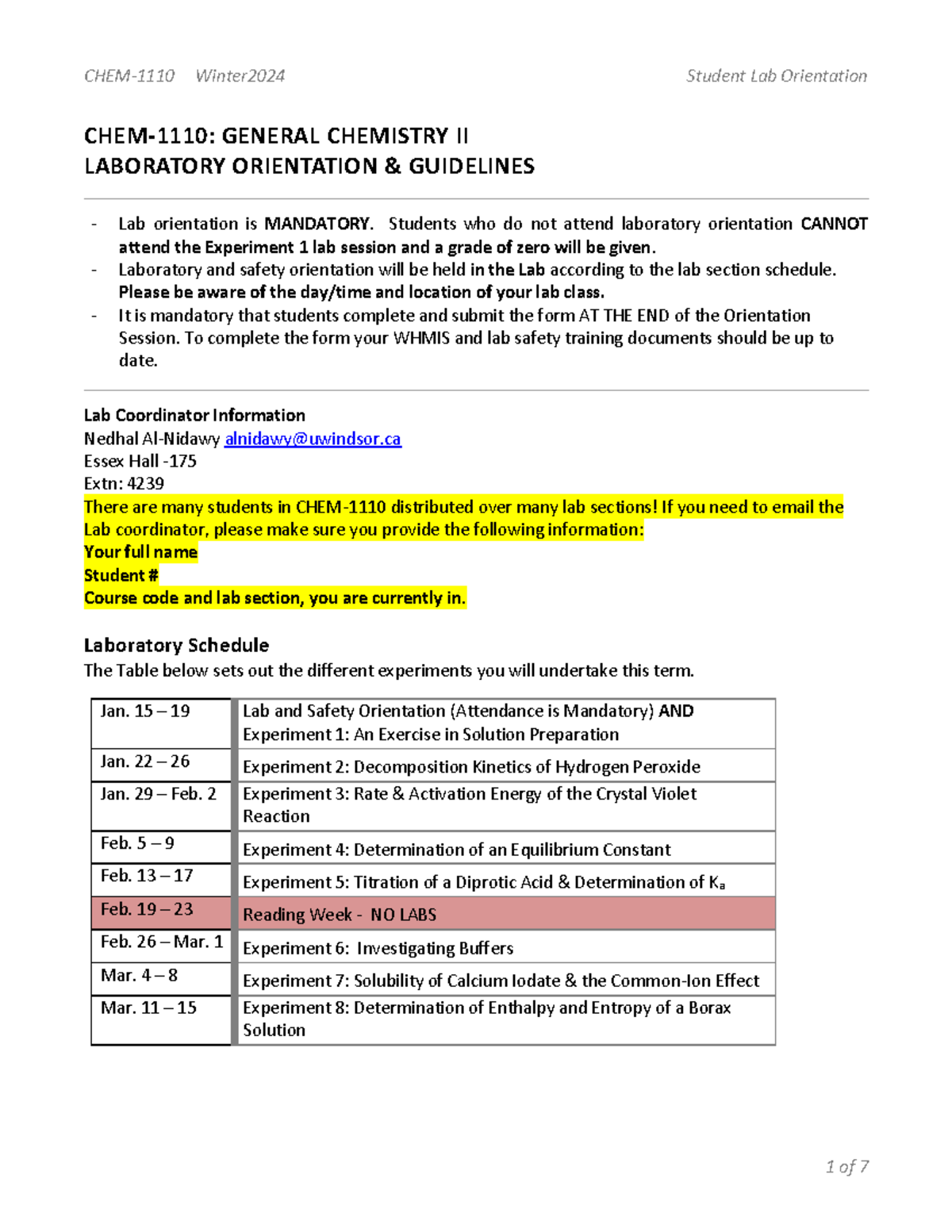CHEM1110 Students Lab Orientation W2024 CHEM 1110 Winter 2024