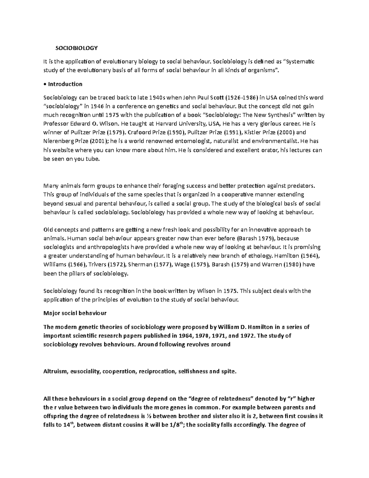 Sociobiology - SOCIOBIOLOGY It is the application of evolutionary ...
