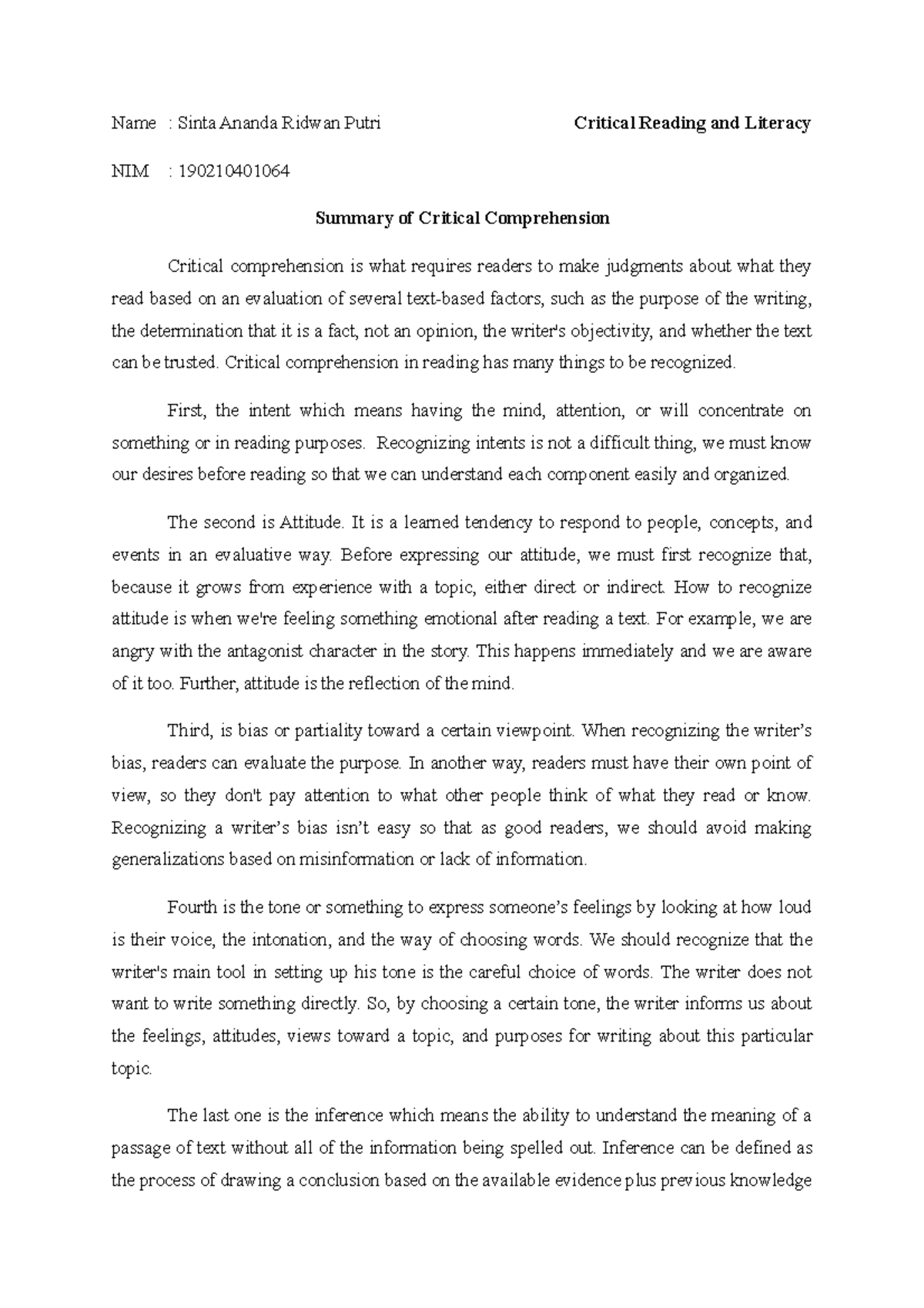 Summary of Critical Comprehension - Name : Sinta Ananda Ridwan Putri ...