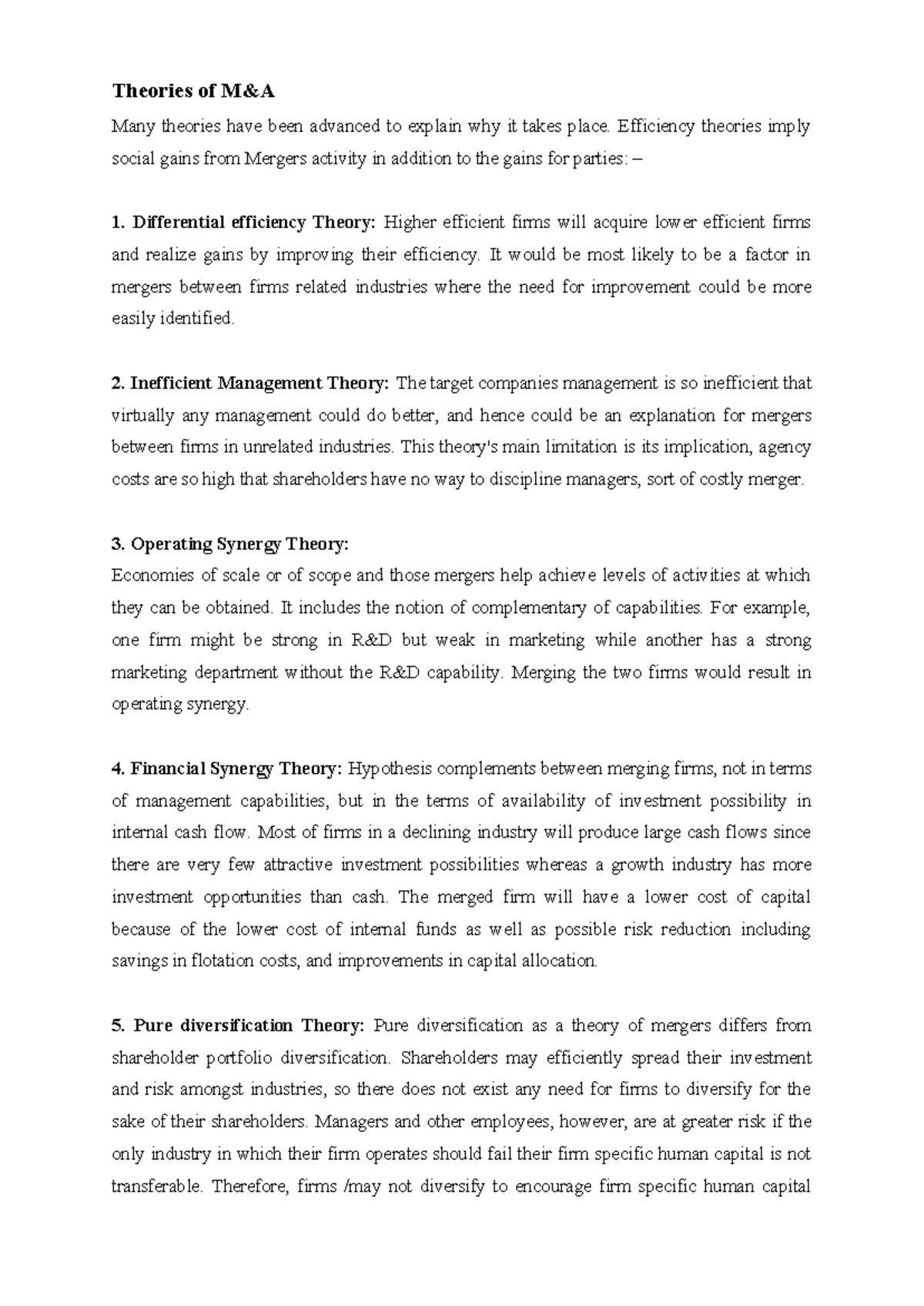 M&A Self-Notes - Theories of M&A Many theories have been advanced to ...