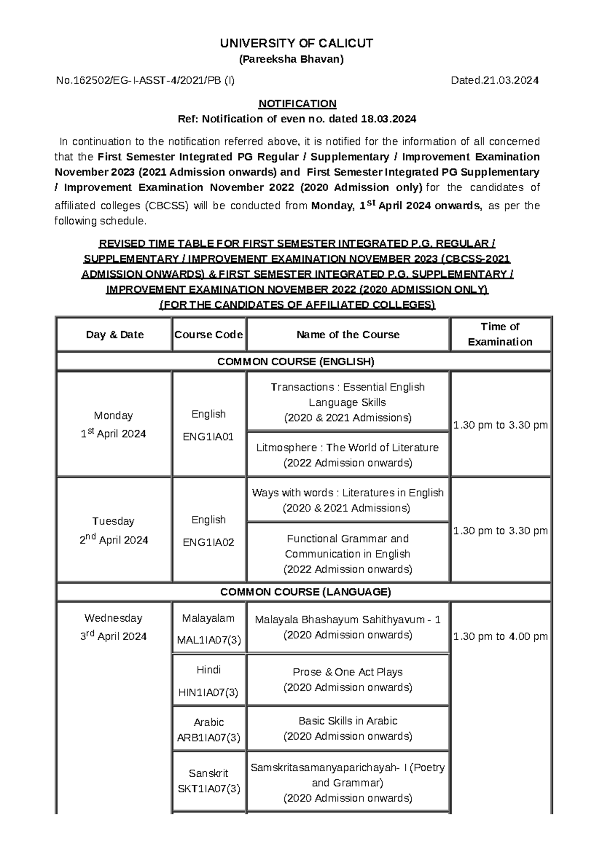 Revised TT-1st sem Int PG 240321 172024 - UNIVERSITY OF CALICUT ...