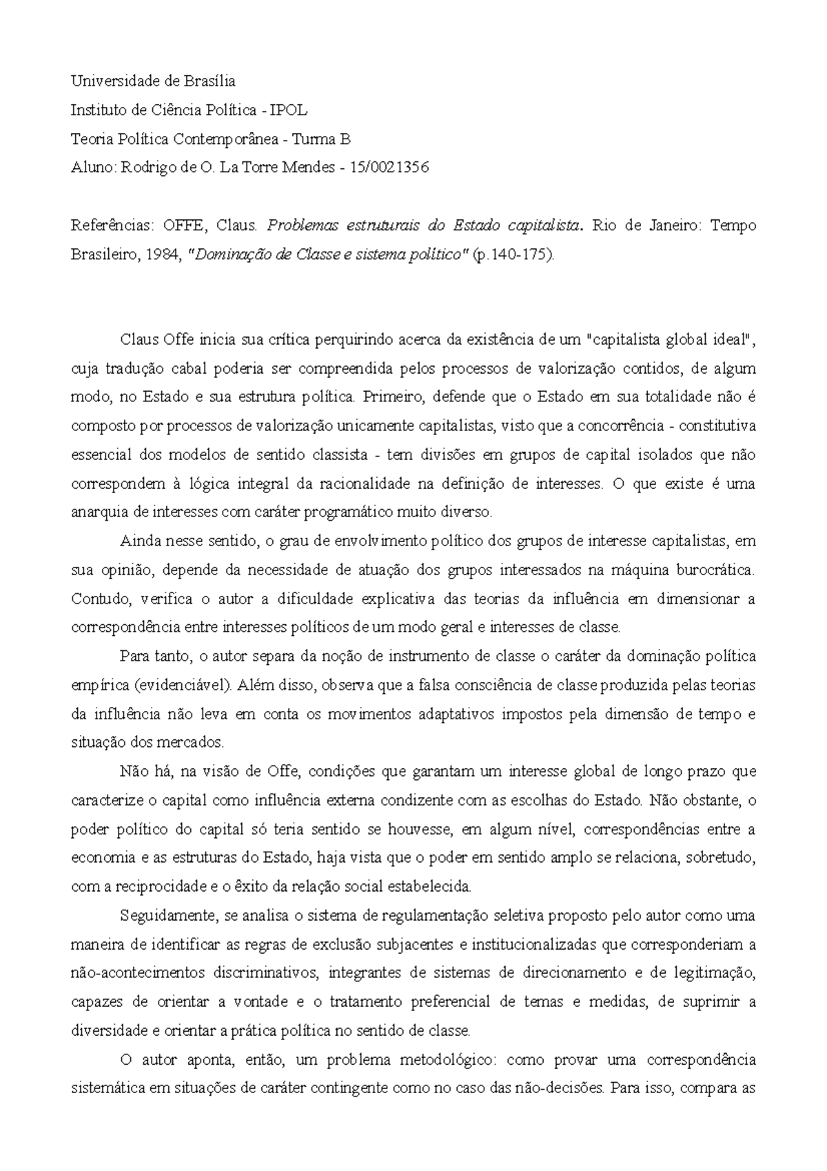 Fichamento Offe 1 - Universidade De Instituto De IPOL Teoria Turma B ...