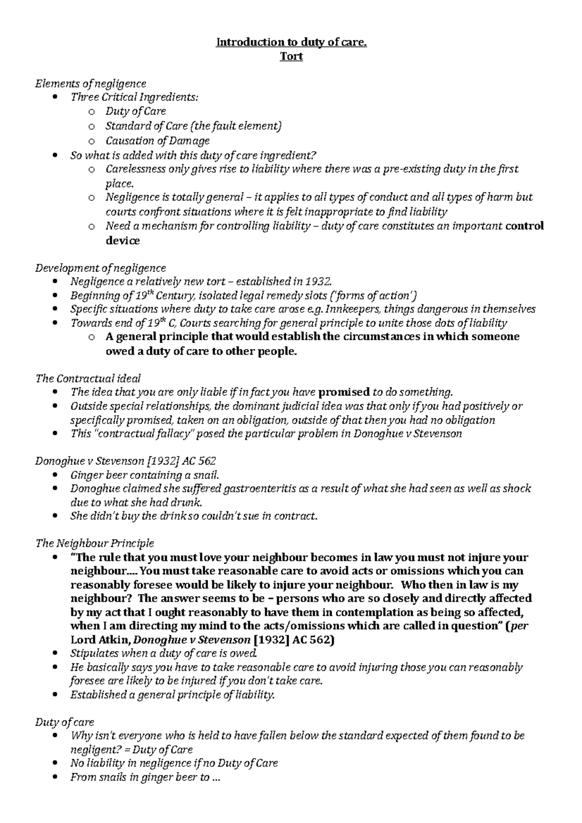 Introduction to duty of care - Tort Elements of negligence Three ...