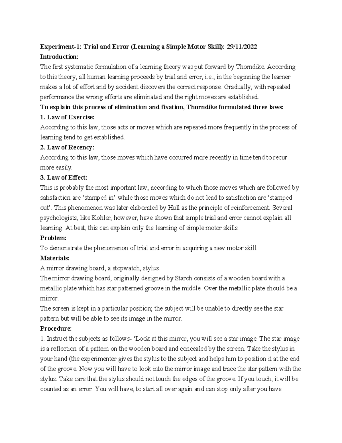 Learning Experiments - Experiment-1: Trial and Error (Learning a Simple ...