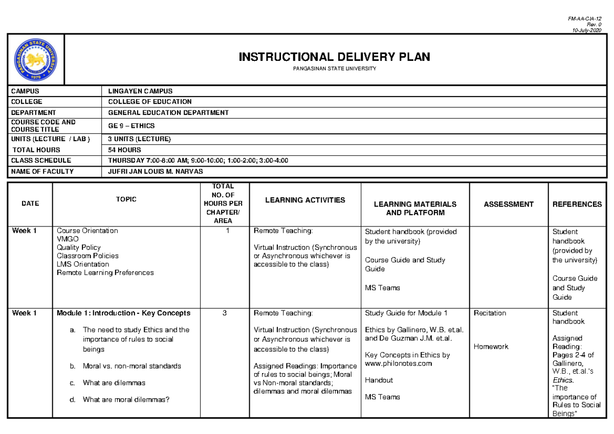 Ethics-Instructional Delivery Plan - Ethics - PangSU - Studocu