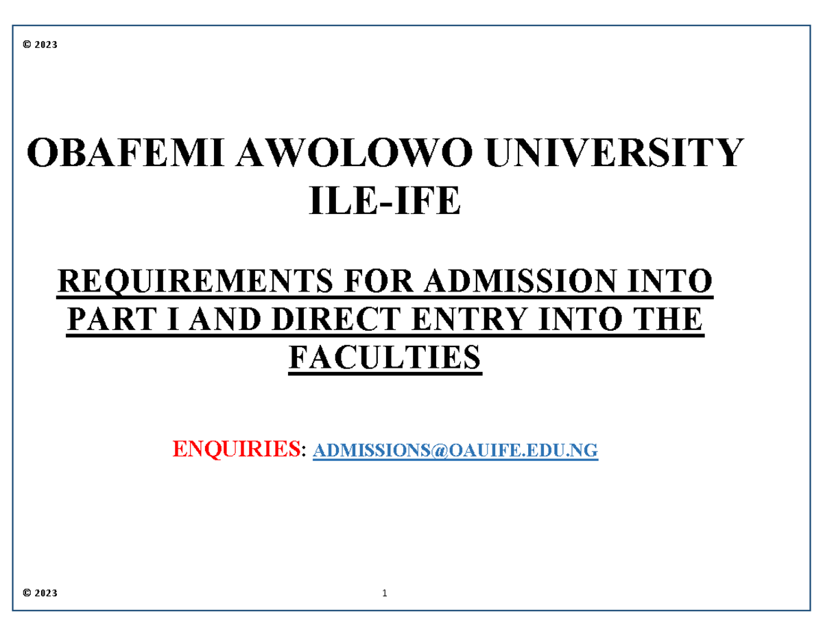 OAU ILE IFE Admission Requiremants into Part 1 and DE for Faculties 1 ...