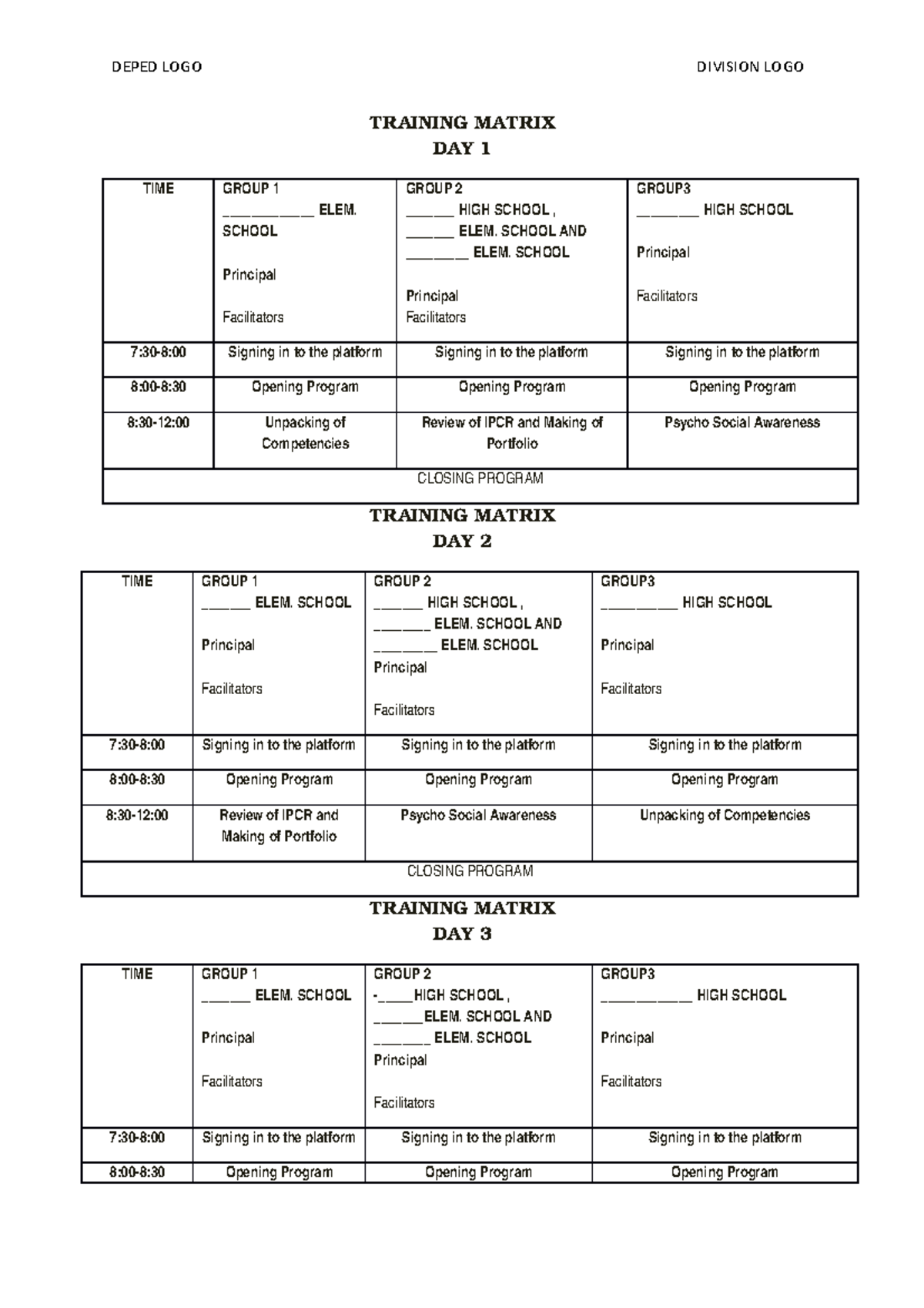 Inset Training Matrix Downloadable Sample DEPED LOGO DIVISION LOGO