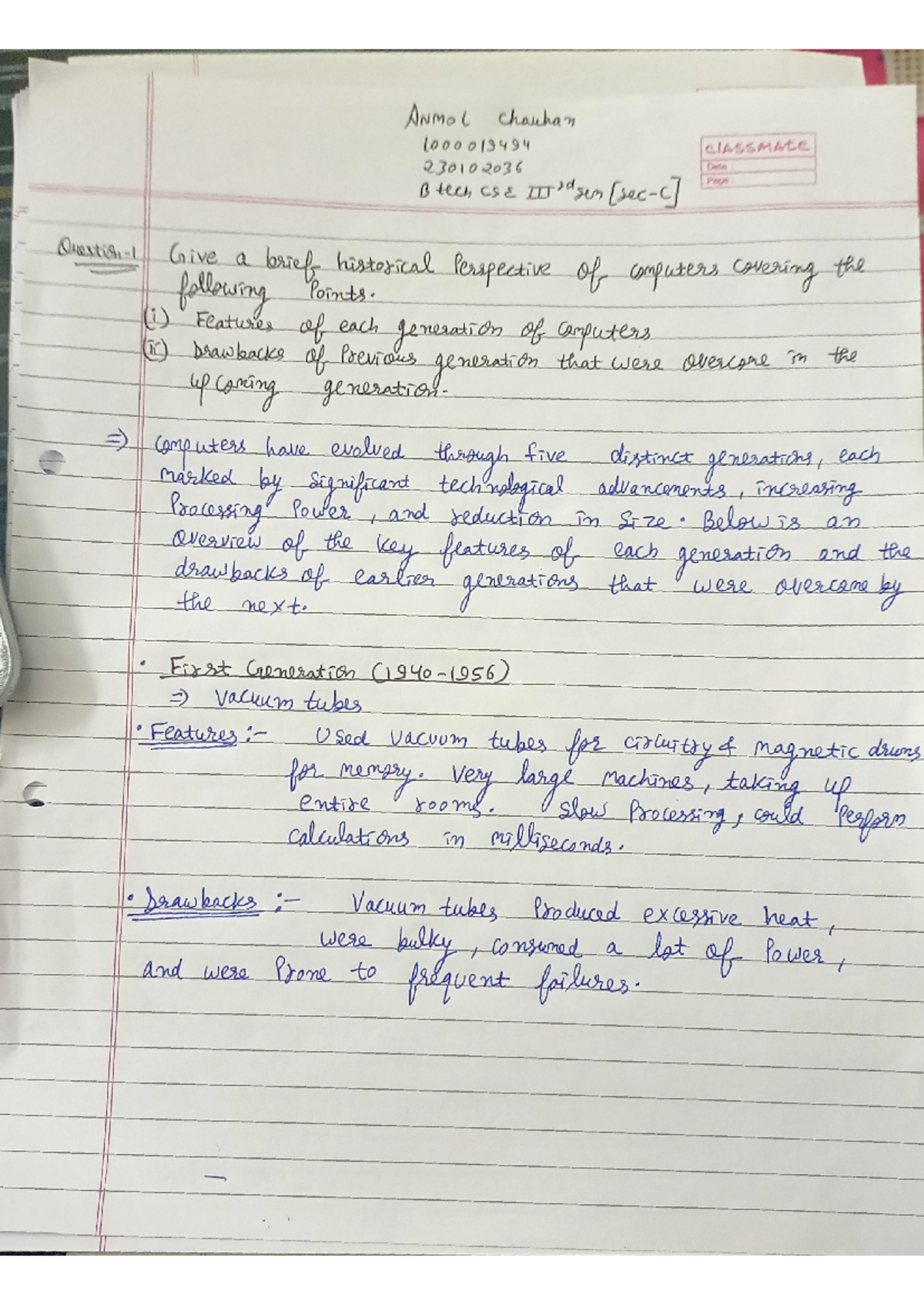 Assignment 1 COA - isxxx - ANMOL chauhan CLASSMATE 230102036 Date Btech ...