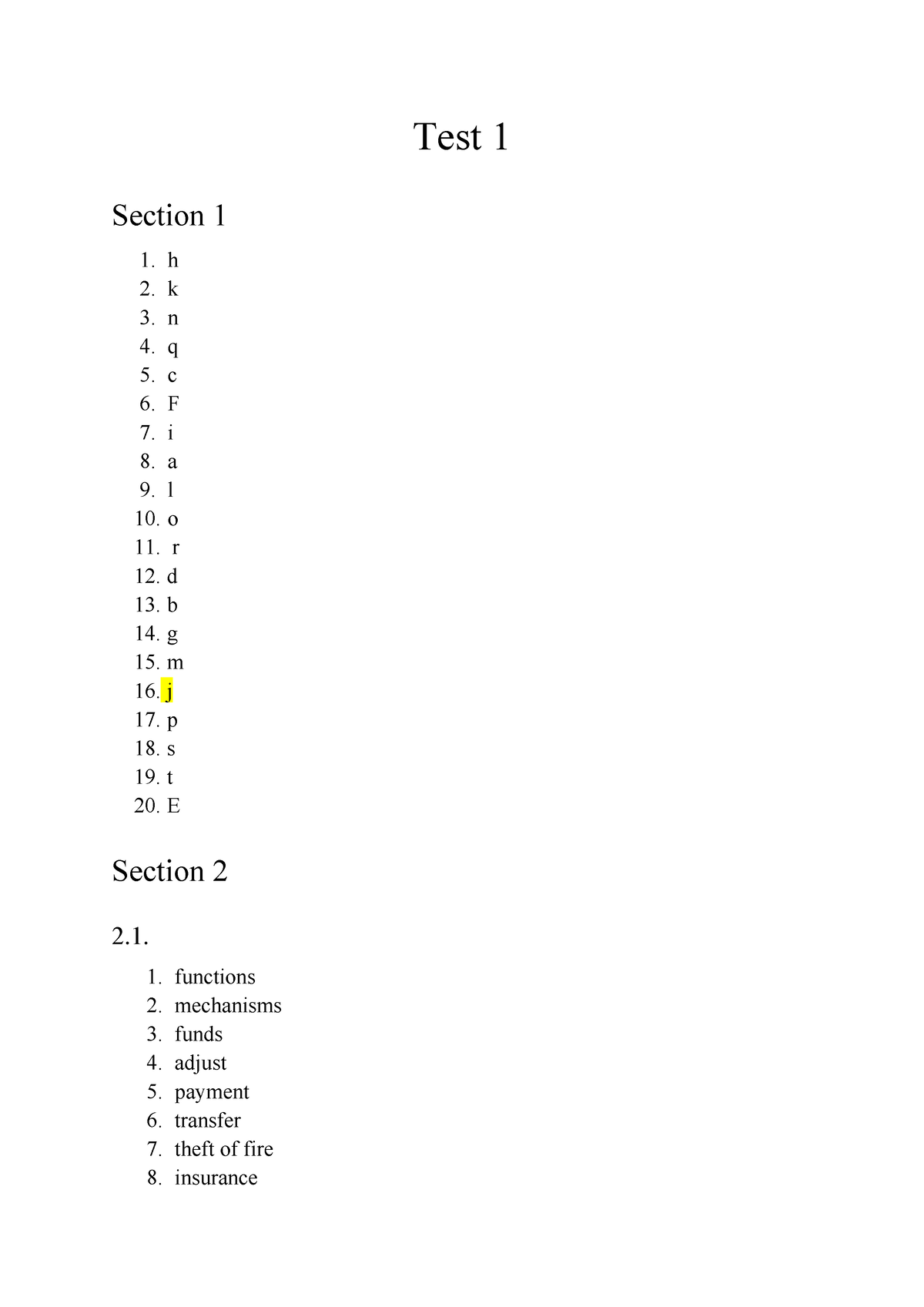 Test 1 Test 1 Banking And Finance Test 1 Section 1 H K N Q C F I A L O R D B G M J P S T E