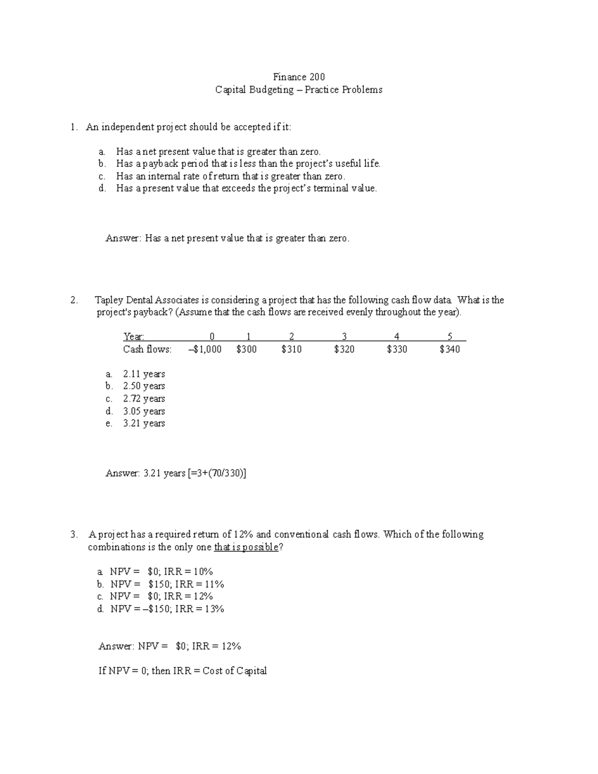 FIN 200 Chapter 8 - Practice Problems - Finance 200 Capital Budgeting ...