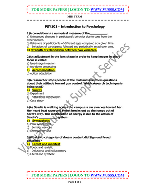 PSY101 Short Notes For Midterm Exam Preparation - PSY101 Introduction ...