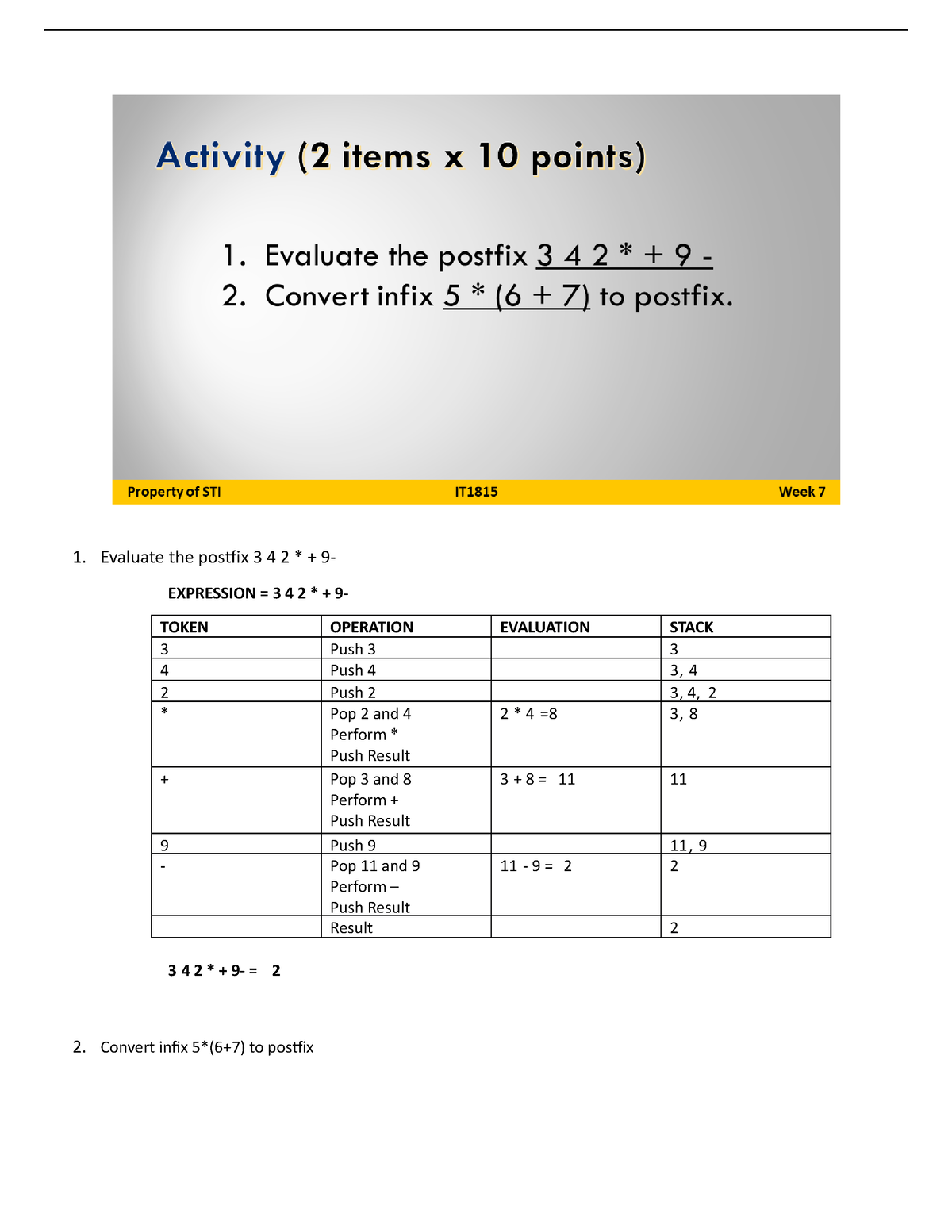 Uc Yi9u Z46i5V Lecture Notes 1 Evaluate The Postfix 3 4 2 9 2 