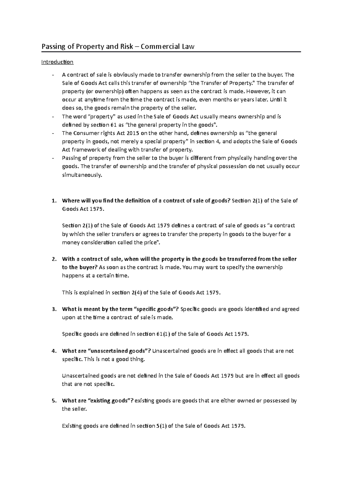 Topic 2 - Passing of property, risk and title - Passing of Property and ...