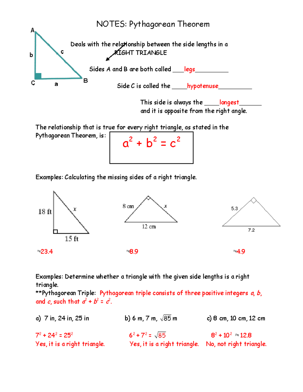 Pythagorean Theorem - No prep - NOTES: Pythagorean Theorem Deals with ...